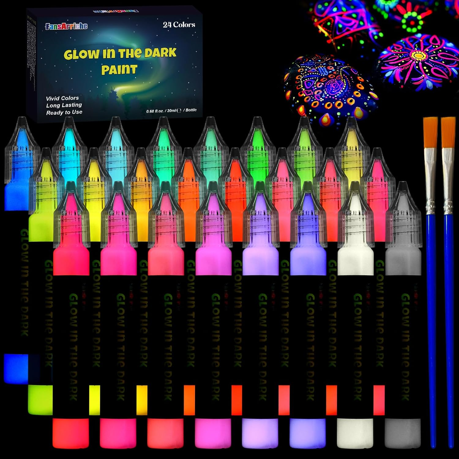 Fansarriche Glow in the Dark Paint, 12 Colors X 20 Ml 3D Waterproof Acrylic Paint, Glow in the Dark Paint, Neon Fabric Paint for Clothes, Canvas, Glasses