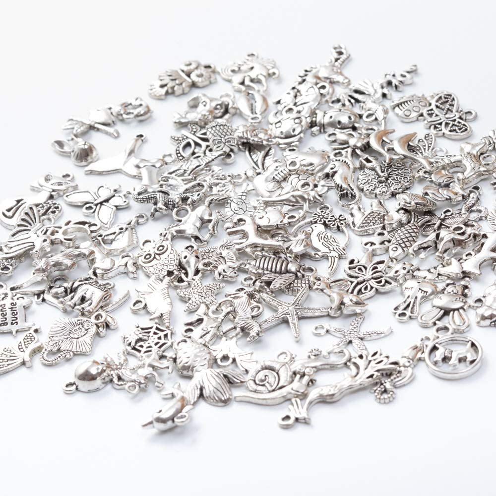 100 PCS Craft Supplies Small Antique Silver Charms Pendants, Mixed Smooth Tibetan Silver Metal Charms Pendants for Crafting Jewelry Findings Making Accessory for DIY Necklace Bracelet image number 3
