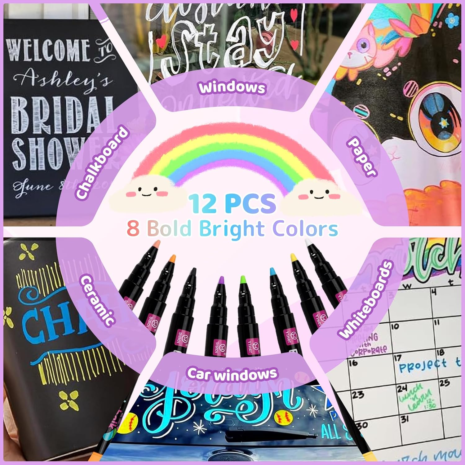 Dawntress Liquid Chalk Markers Pen for Blackboards, 12PCS Dry Erase Marker Pens for Glass & Chalkboards, Fine Tip Erasable Markers Chalk Pens for Windows, Signs, Menu Boards, DIY Drawing, Mirrors image number 4