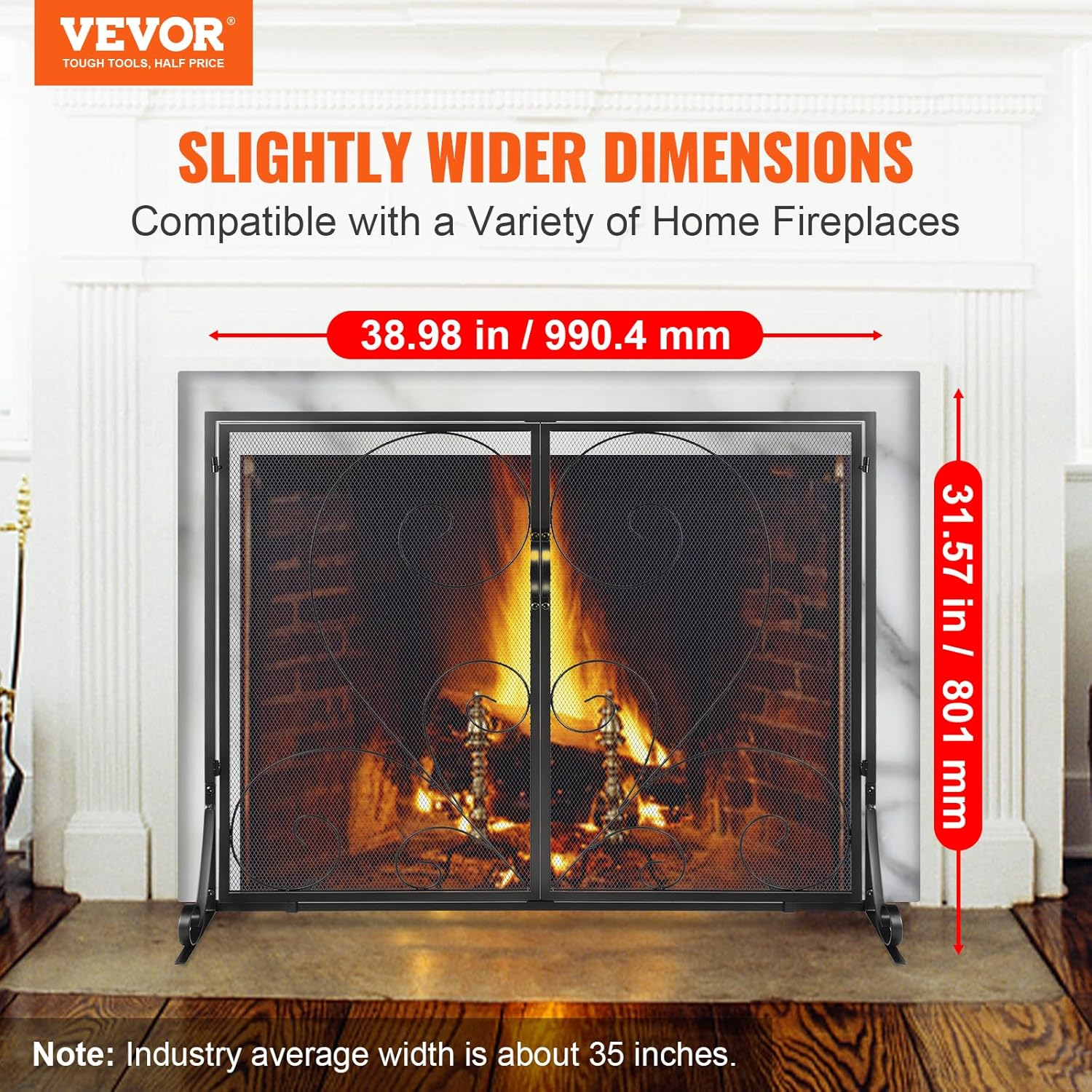 VEVOR Fireplace Screen 2 Panel with Door, Sturdy Iron Mesh Fireplace Screen, 990(L) X802(H)Mm Spark Guard Cover, Simple Installation, Free Standing Fire Fence Grate for Living Room Home Decor Vintage image number 3