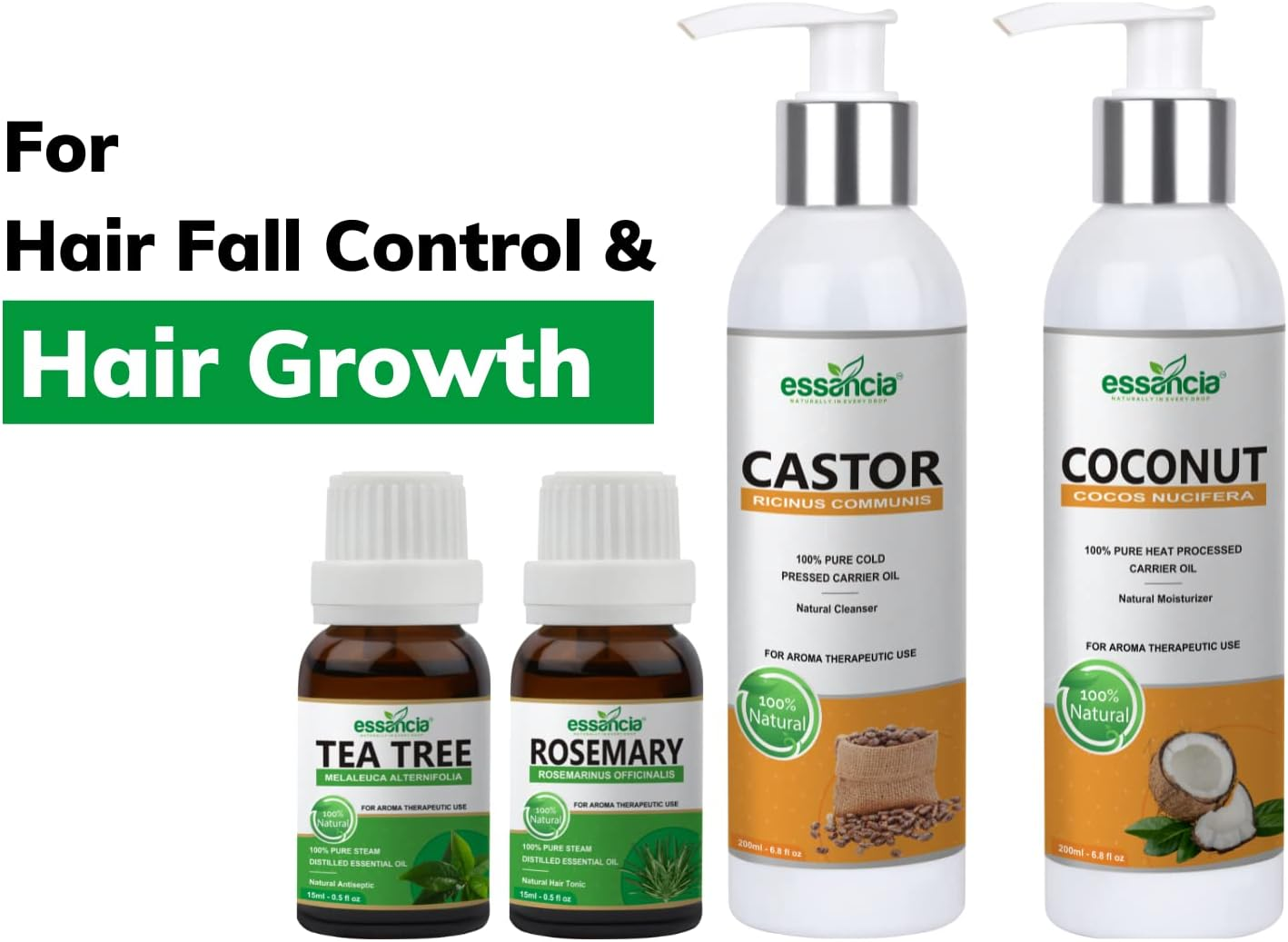 Essancia Hair Oils Combo/Hair Care Kit (Castor Oil + Coconut Oil + Tea Tree Oil + Rosemary Oil) Controls Hair Fall - Promotes Healthy Hair Growth image number 1