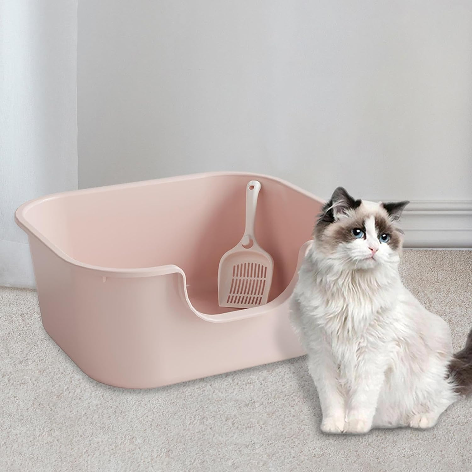 Leefasy Cat Litter Basin Cat Litter Box with High Side Splashproof Kitty Litter Pans Open Top Pet Litter Tray for Small and Large Cats, Pink image number 2