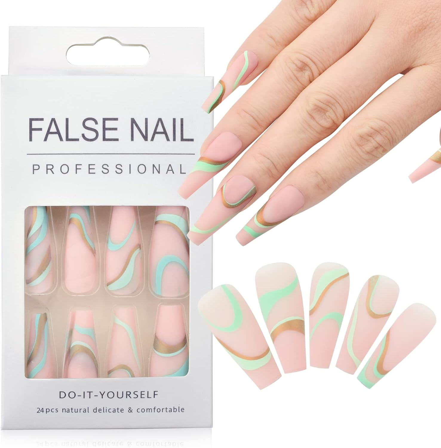 Coffin False Nails Pink False Nails Coffin Medium Length Acrylic Ballerina Press on Nails Full Cover Stick on Nails 24Pcs with Nails Sticker and Nail Glue,Hj-T09 (HJ-T09-01)