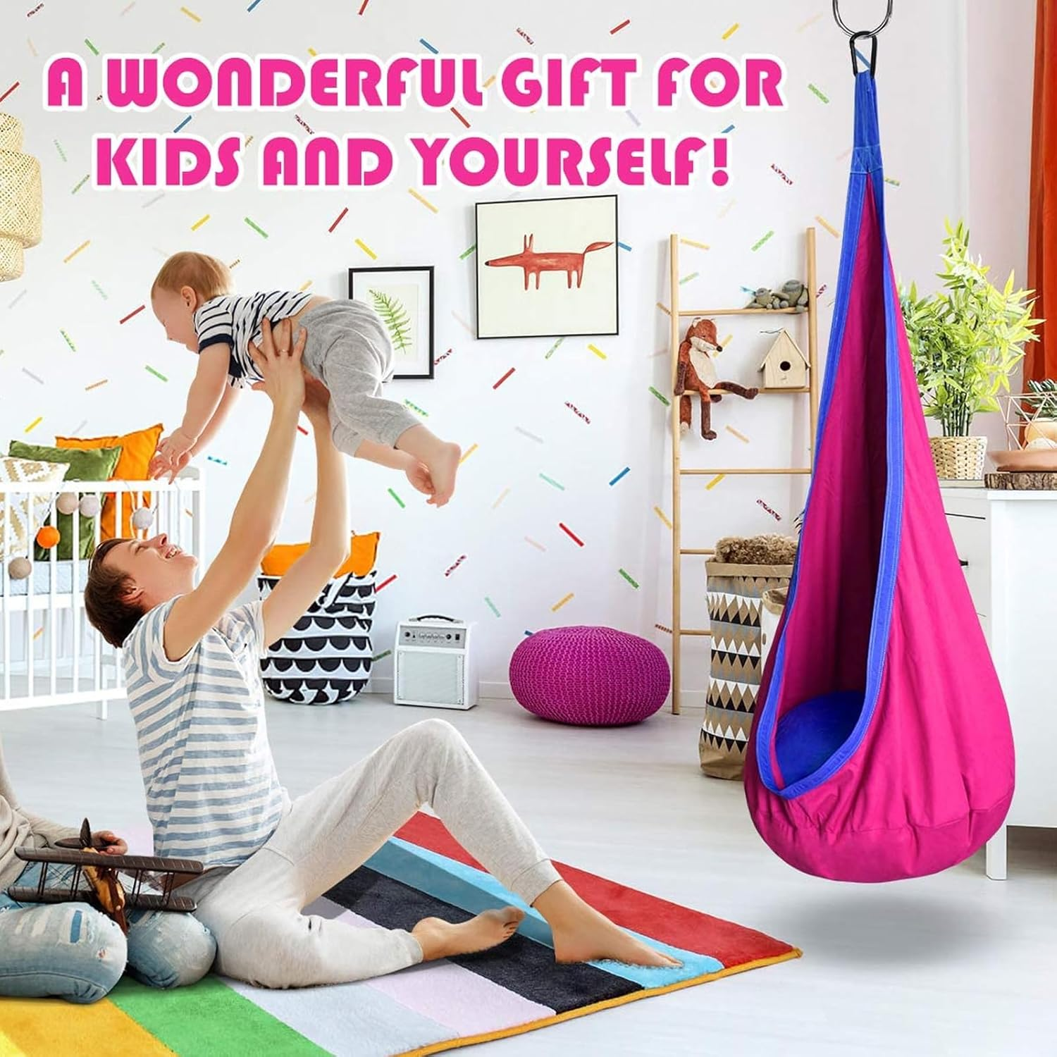 Visuivit Kids Pod Swing Seat, Cotton Child Chair with Inflatable Pillow, Sensory Swing Chair with Pocket for Outdoor and Indoor, Max 170Lbs/77Kg (Red) image number 3