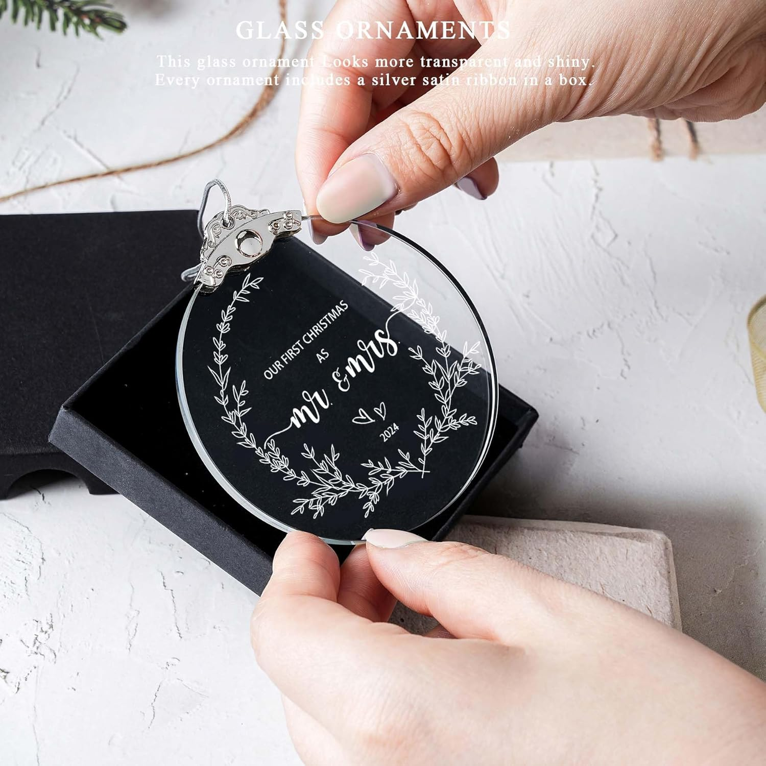 ZUNON Bridal Shower First Christmas as Mr Mrs 2024 Our Wedding Decoration Ornaments for Newlywed Holiday Party (3' Glass Our First Christmas as Mr Mrs) image number 3