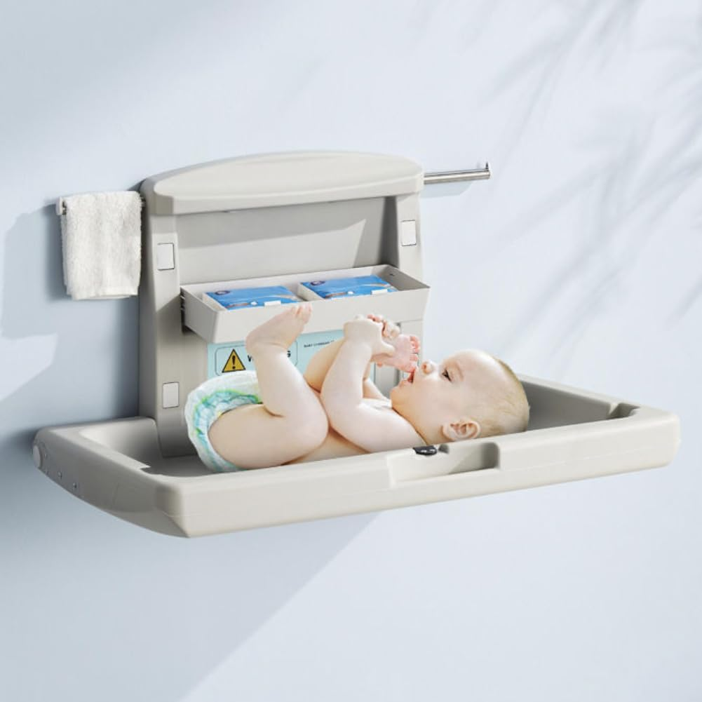 Baby Changing Station Wall Mounted Fold down Commercial Baby Care Table with Adjustable Safety Strap and Storage Box HDPE Meterial Bathroom Public Places image number 1
