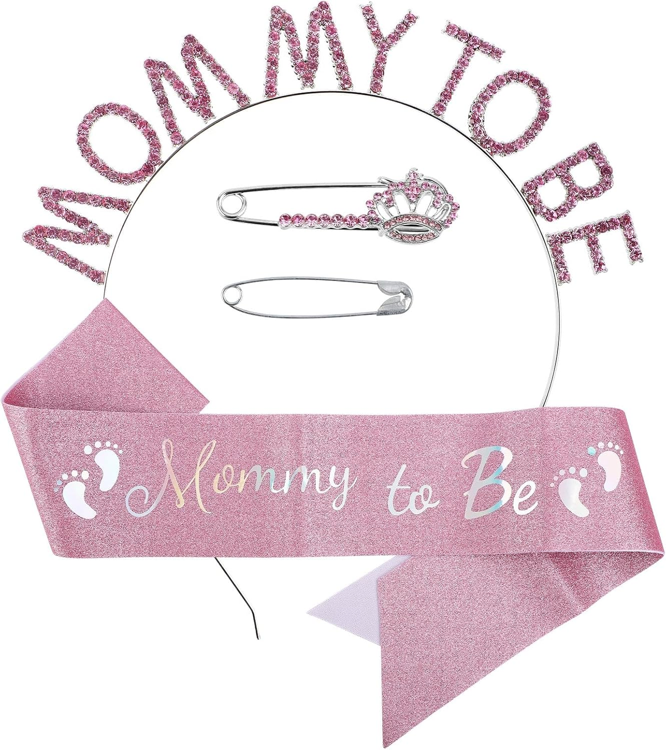 Mother to Be Party Decorations, Mother to Be Sash Hairband Pin Kit Pink Gentle Baby Shower Sash for Mommy Glittering Sash Rhinestone Mother to Be Hairband Pin for Baby Shower