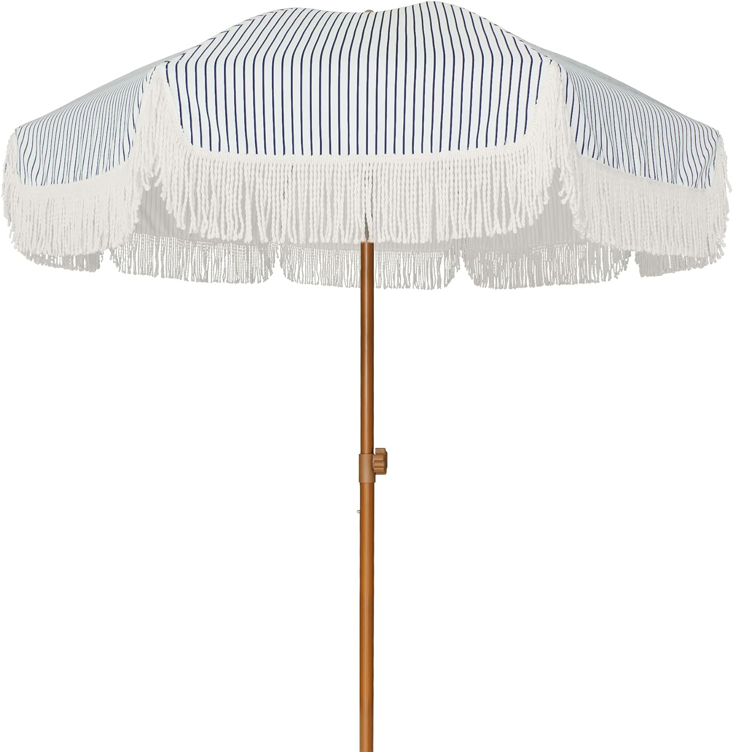 AMMSUN 7Ft Patio Umbrella with Fringe Outdoor Tassel Umbrella UPF50+ Premium Steel Pole and Ribs Push Button Tilt, Navy Blue Stripes