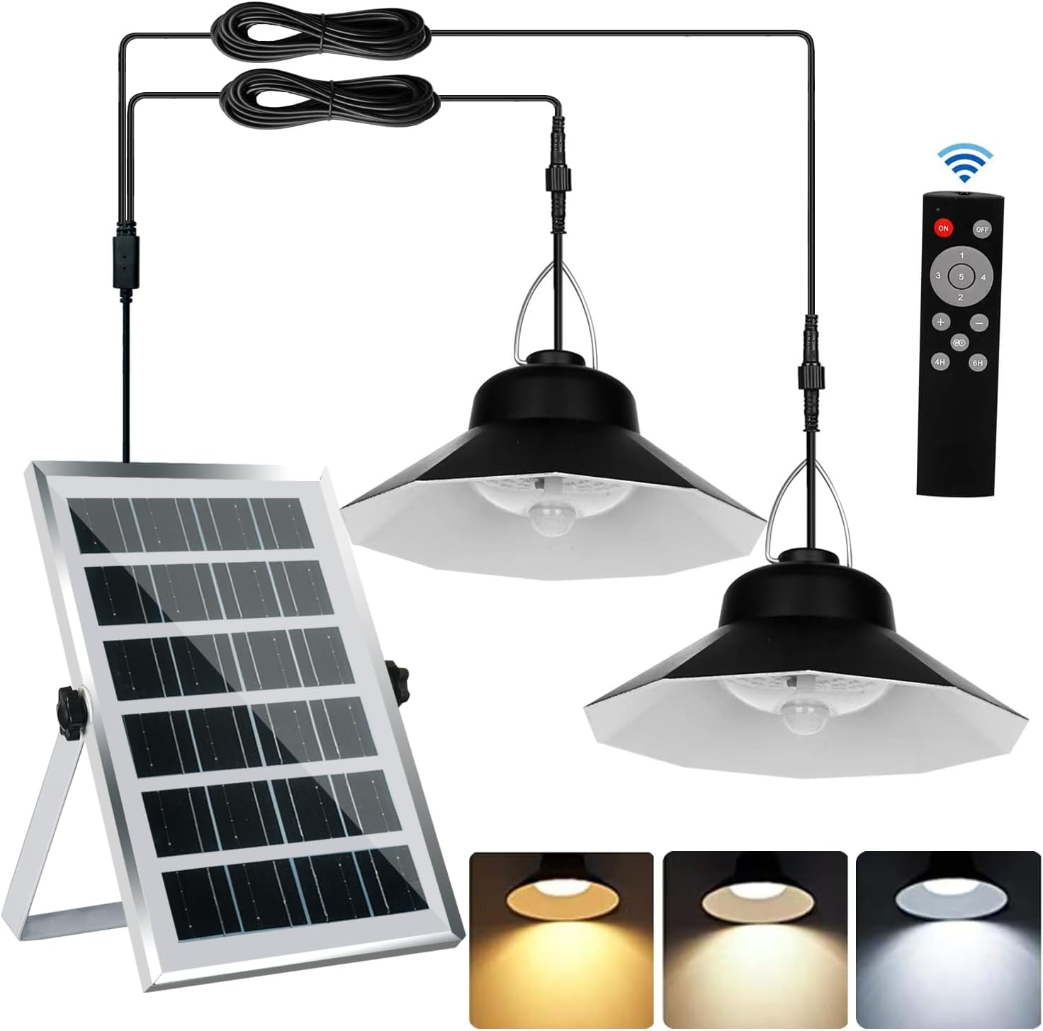 Solar Pendant Lights with Dual Lamp Outdoor Indoor, Motion Sensor Solar Shed Light Daytime Working 3 Colors Solar Powered Security Light with Remote for Gazebo Backyard Home Barn Shed Tent