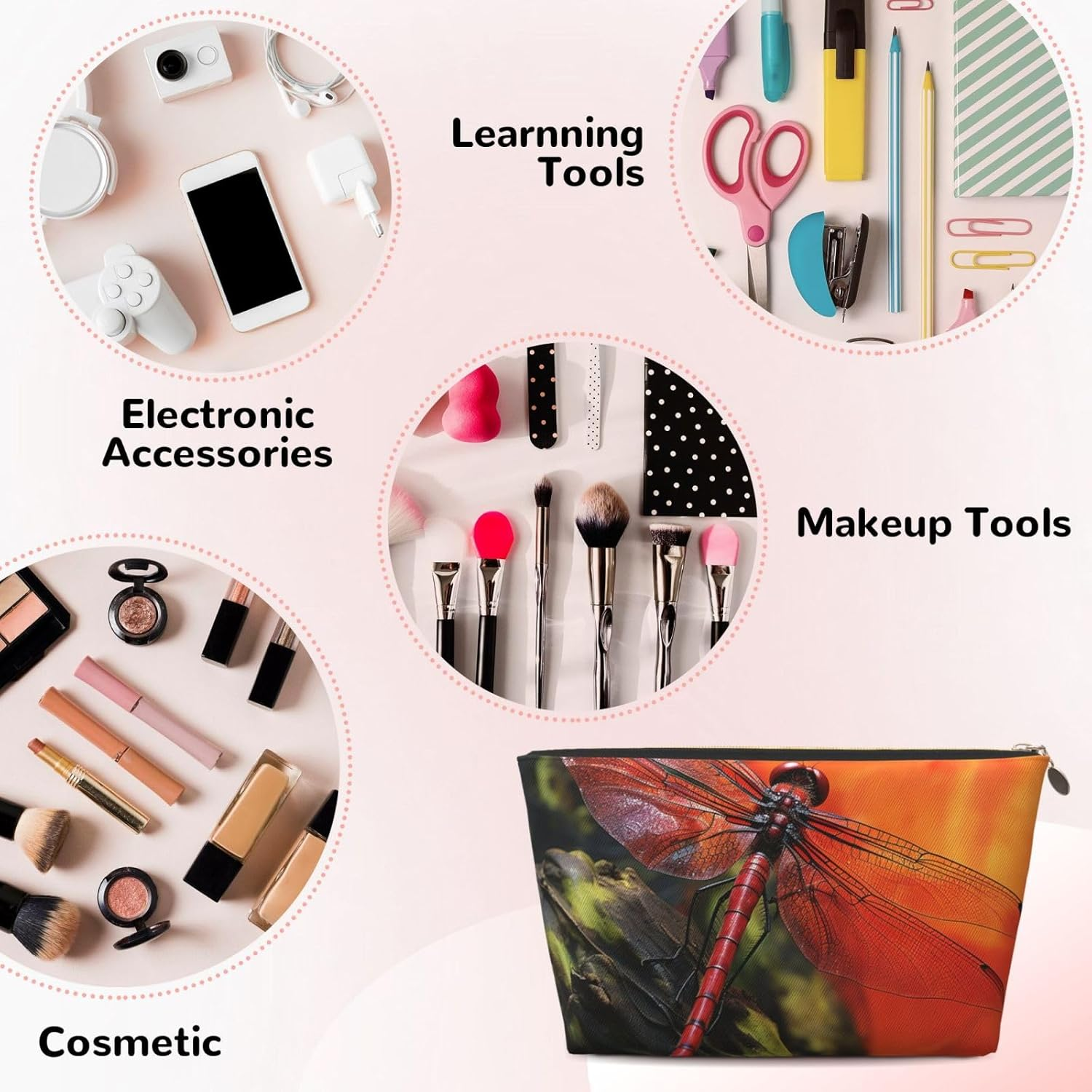 SDTYKHJ Large Capacity Makeup Bag for Women, Waterproof Portable Shaving Bag, Small Toiletry Bag, Red Dragonfly, Leather Cosmetic Organizer Bags for Travel, Gold, One Size image number 6