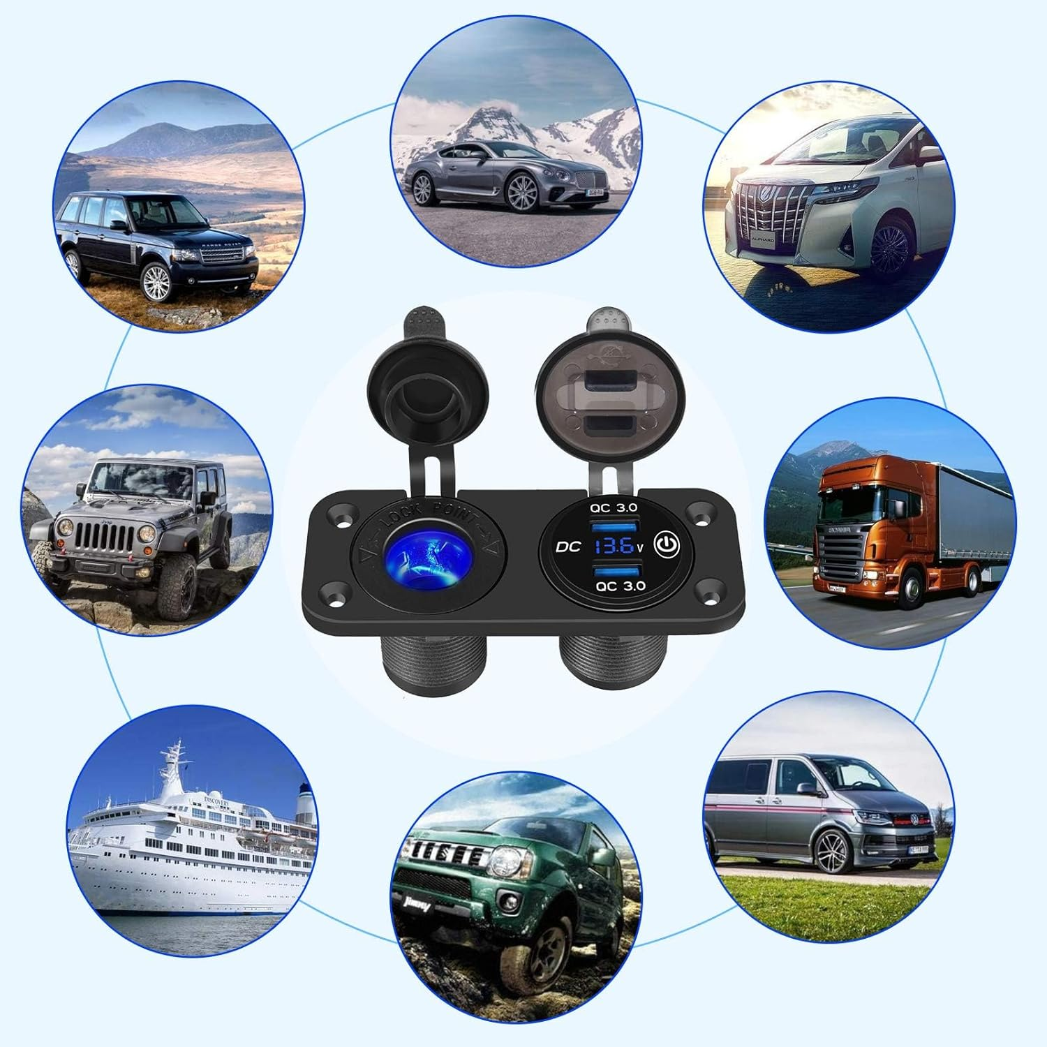 BLAZDEVE 2 in 1 USB Socket Panel, Dual QC 3.0 Car USB Charger Sockets Cigarette Lighter Socket with LED Digital Voltmeter and Touch Switch for 12V/24V Car Boat Marine image number 5