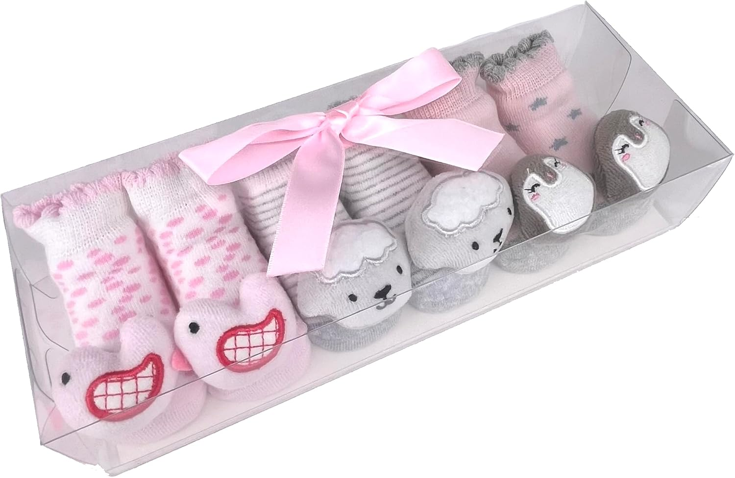 PUPPET Baby Girl Rattle Socks Set for 0-6 Months 3-Pack Adorable Infant Socks with Playful Puffy Animal Face Design image number 1