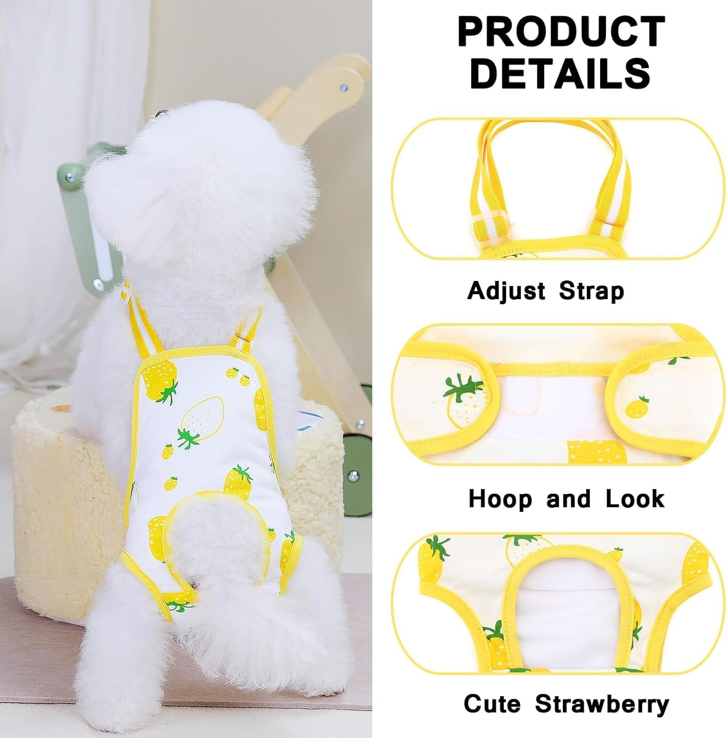 Cute Pet Sanitary Pantie with Adjustable Suspender Washable Reusable Puppy Cute Pet Underwear Diaper Jumpsuits for (S, Yellow Strawberry) image number 5