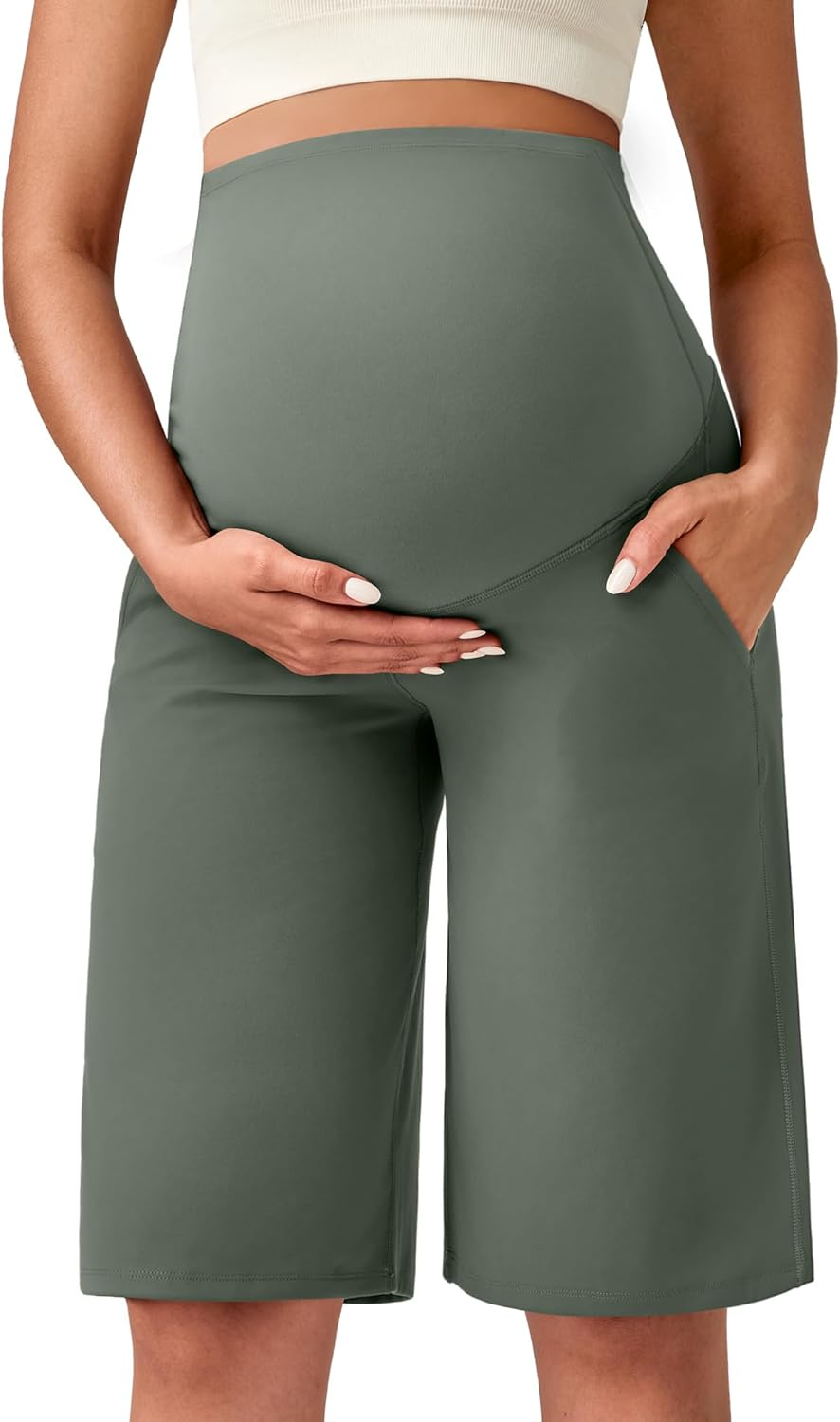 G4Free Maternity Athletic Shorts with Pockets over the Belly Stretchy Workout Pants Pregnancy Wide Leg Bermuda Casual