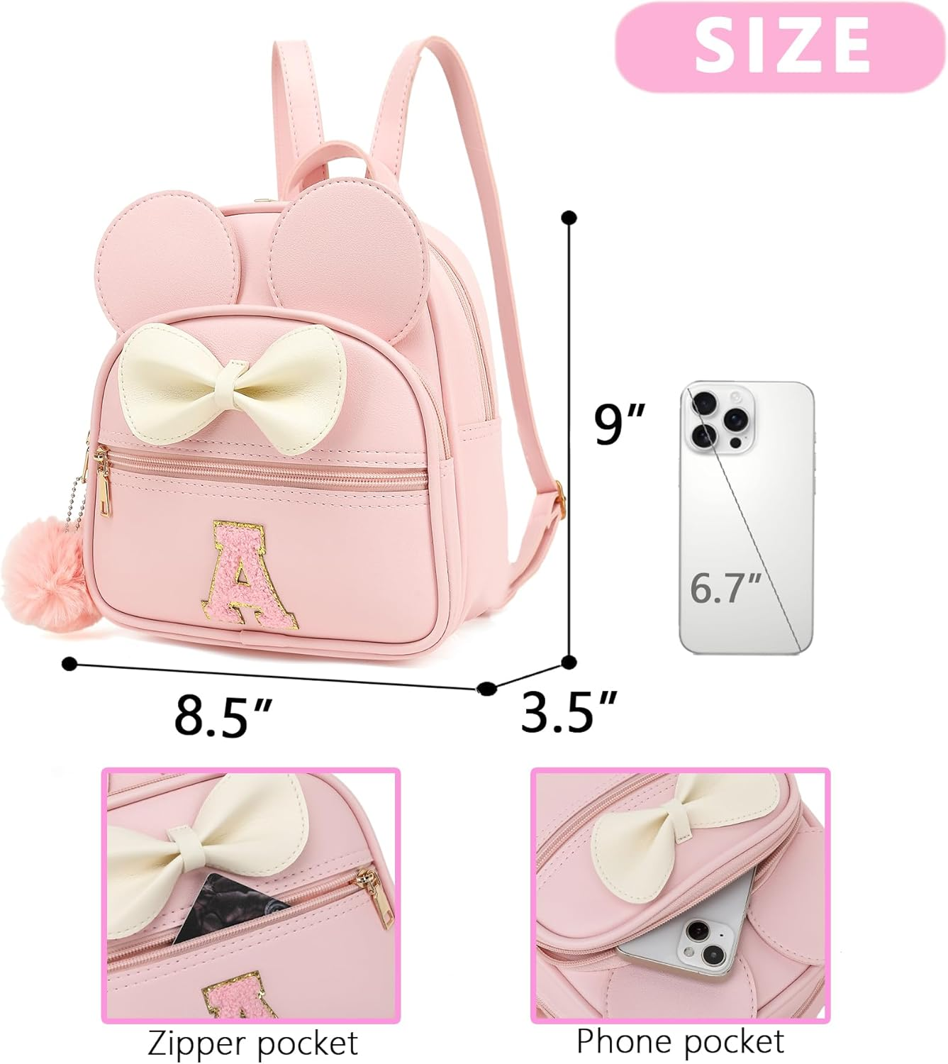 PRLINJSK Initial Mini Backpack for Girls Toddler Kids, Small Mouse Personalized Bowknot Purse Gift - Glitter Pink S image number 6