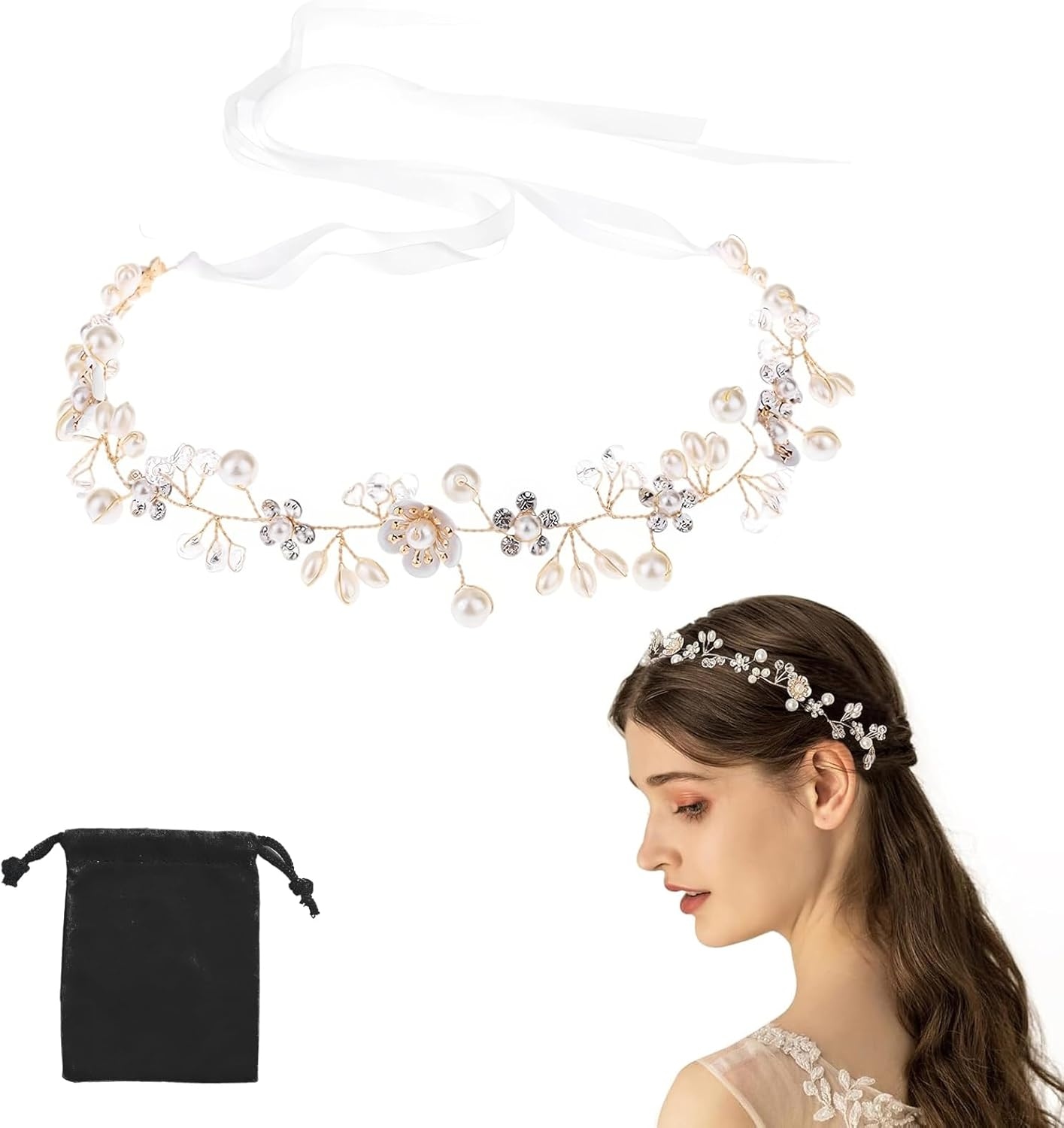 DHWEKU Bridal Hair Band Silver Crystal Flashing Bridal Hair Accessories Handmade Vintage Bridal Headband Bridal Wedding Accessories Party (White) image number 3