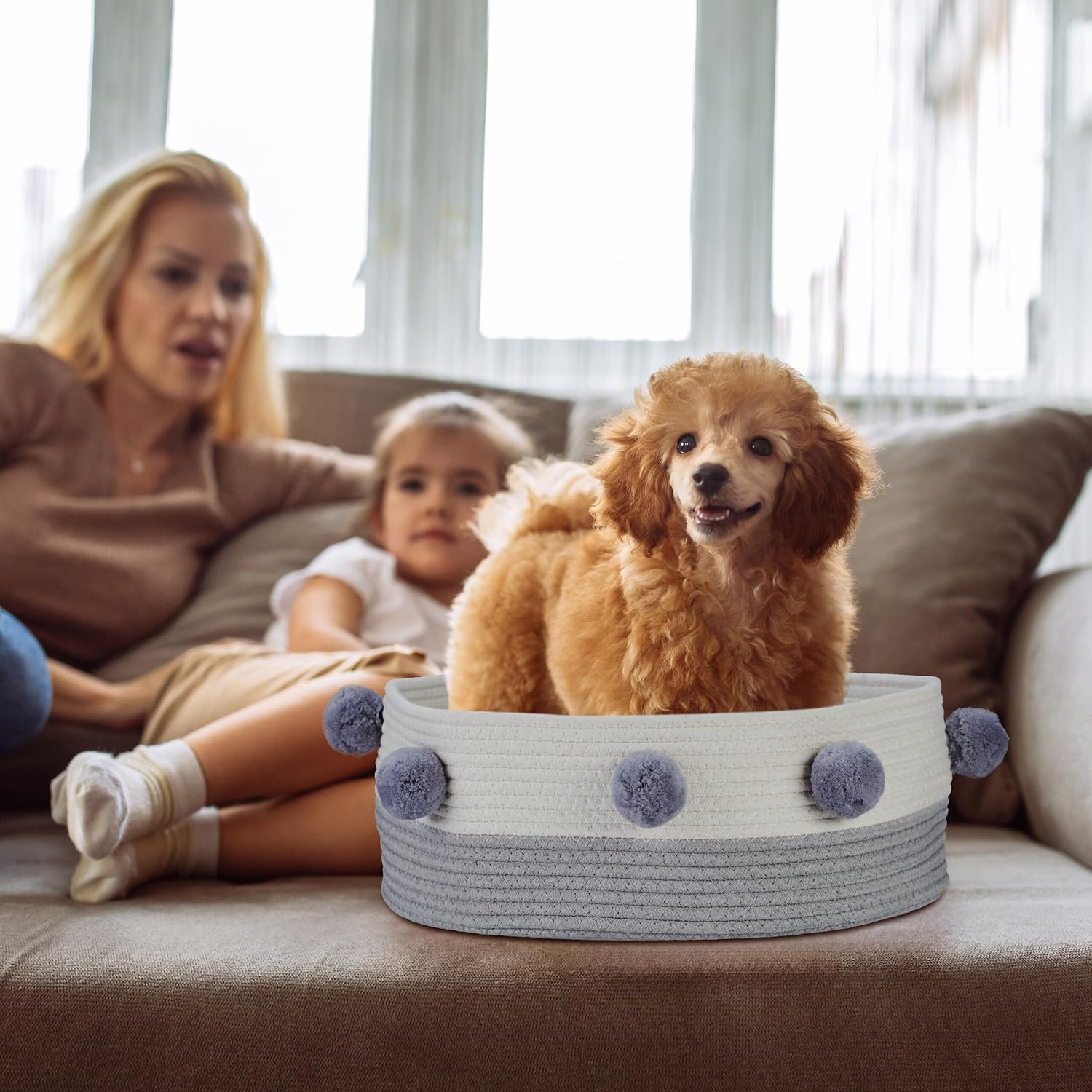 Relaxdays Cat Bed, Cats & Small Dogs, H X D: 16.5 X 41 Cm, Pompoms, Cotton, Braided Cat Basket, Grey/White image number 6