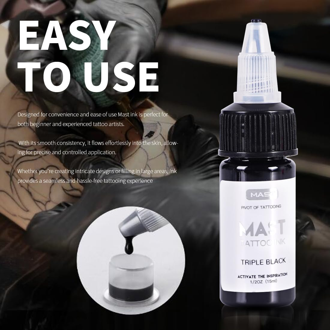 Mast Tattoo Ink Tripe Black Color - Premium Pro Tattoo Ink Bottle 4Oz - Vegan Friendly Pigment