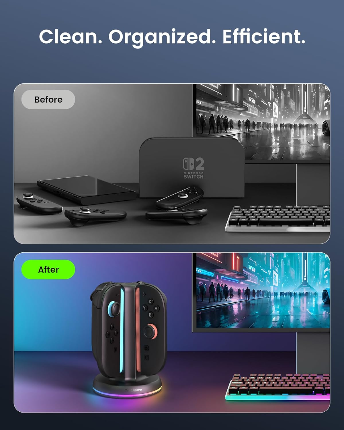 TRANSNOVO Charging Dock for Nintendo Switch 2 Joycon, 4-Slot Dual-Side Magnetic Fast Charger, 9 RGB Modes, Circuit Protection, Heat Dissipation, Switch 2 Accessories for Multiplayer Gaming image number 5