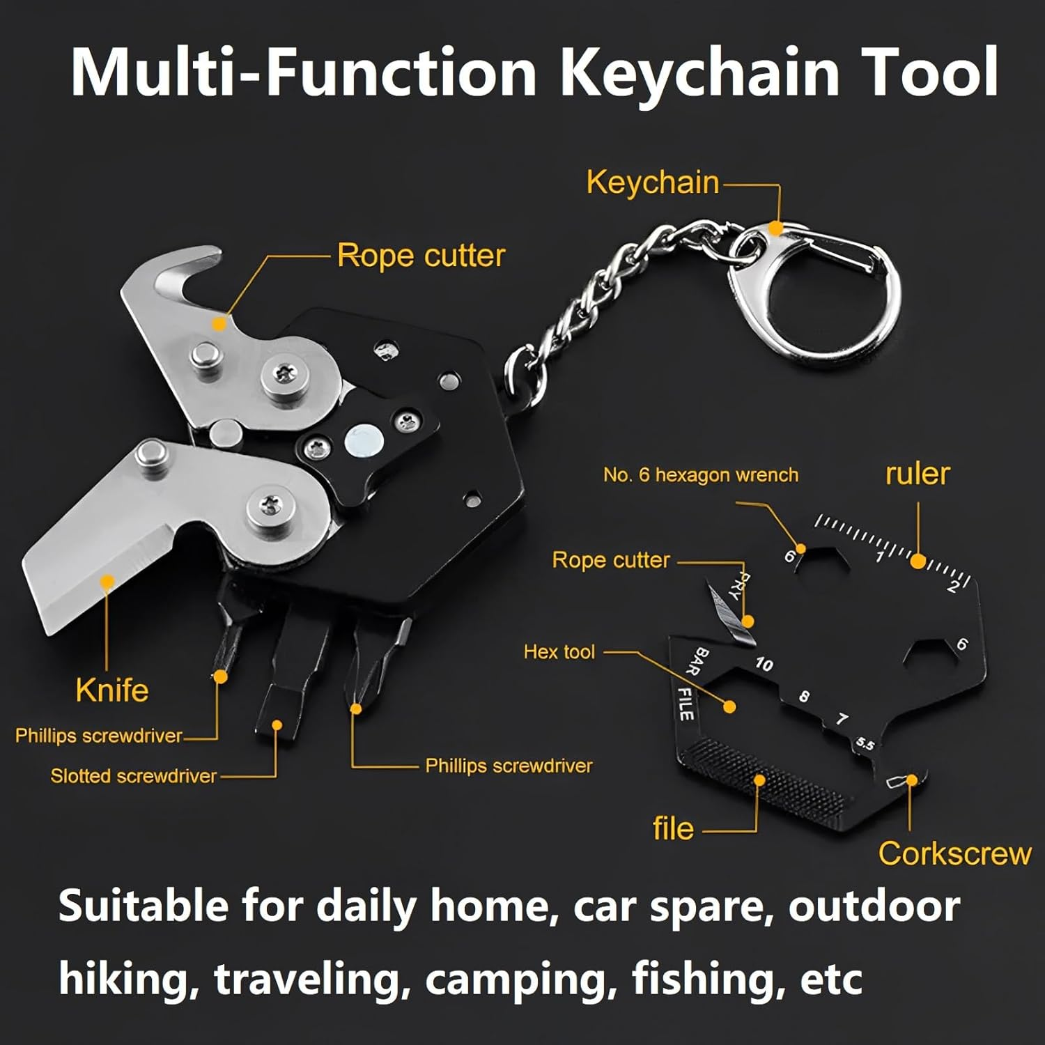 Knifemaster Stainless Steel Multi-Function Keychain Hand Tool - Rope Cutter, Ruler, Hex Wrench, Mini Knife, Screwdriver Head, Bottle Opener, Nail File Multi Purpose Tool (Black) image number 3