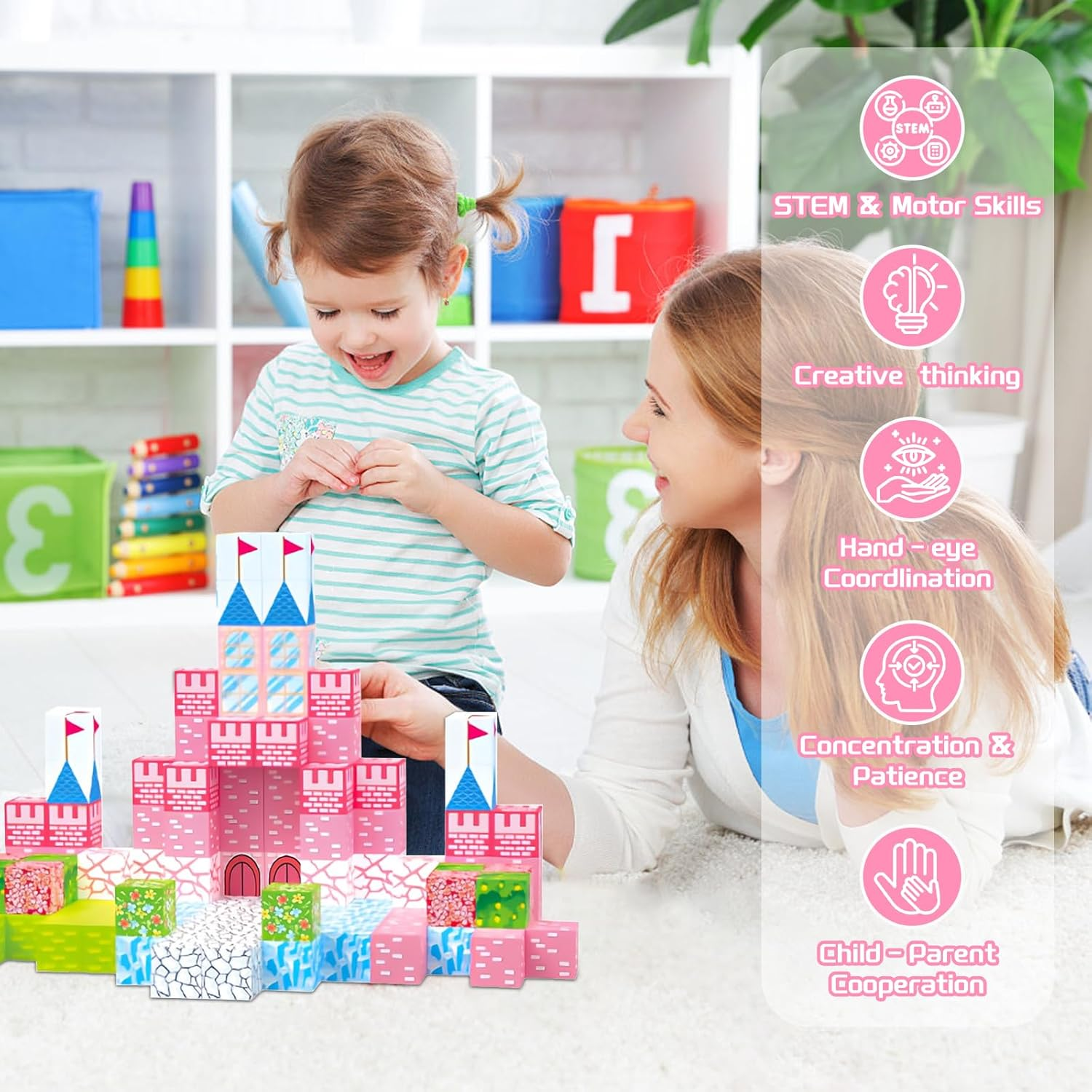 Magnetic Building Blocks 128PCS - STEM Sensory Toys for Kids Ages 3-8, 2.5CM Large Magnetic Tiles Castle Garden Set, Creative Construction Educational Toys for Toddler Boys & Girls image number 3