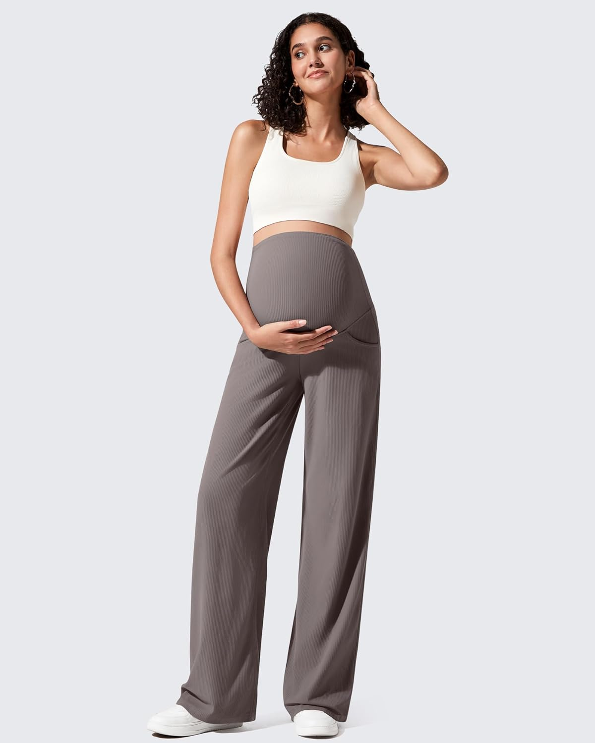 G4Free Ribbed Maternity Yoga Pants with Pockets over the Belly Wide Leg Casual Pregnancy Lounge Trousers image number 2