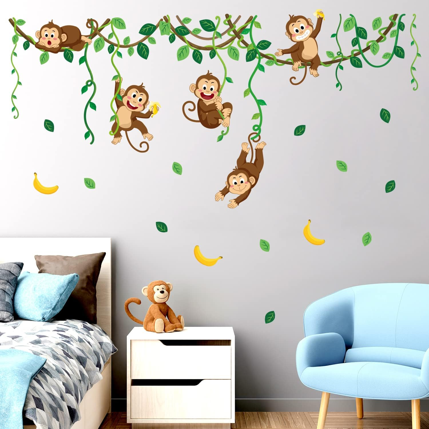 DECOWALL DS9-8053 Monkey Vines Wall Stickers Animals Kids Decals Peel and Stick Removable for Nursery Bedroom Living Room Baby Family Leaf Art D&eacute;cor image number 4