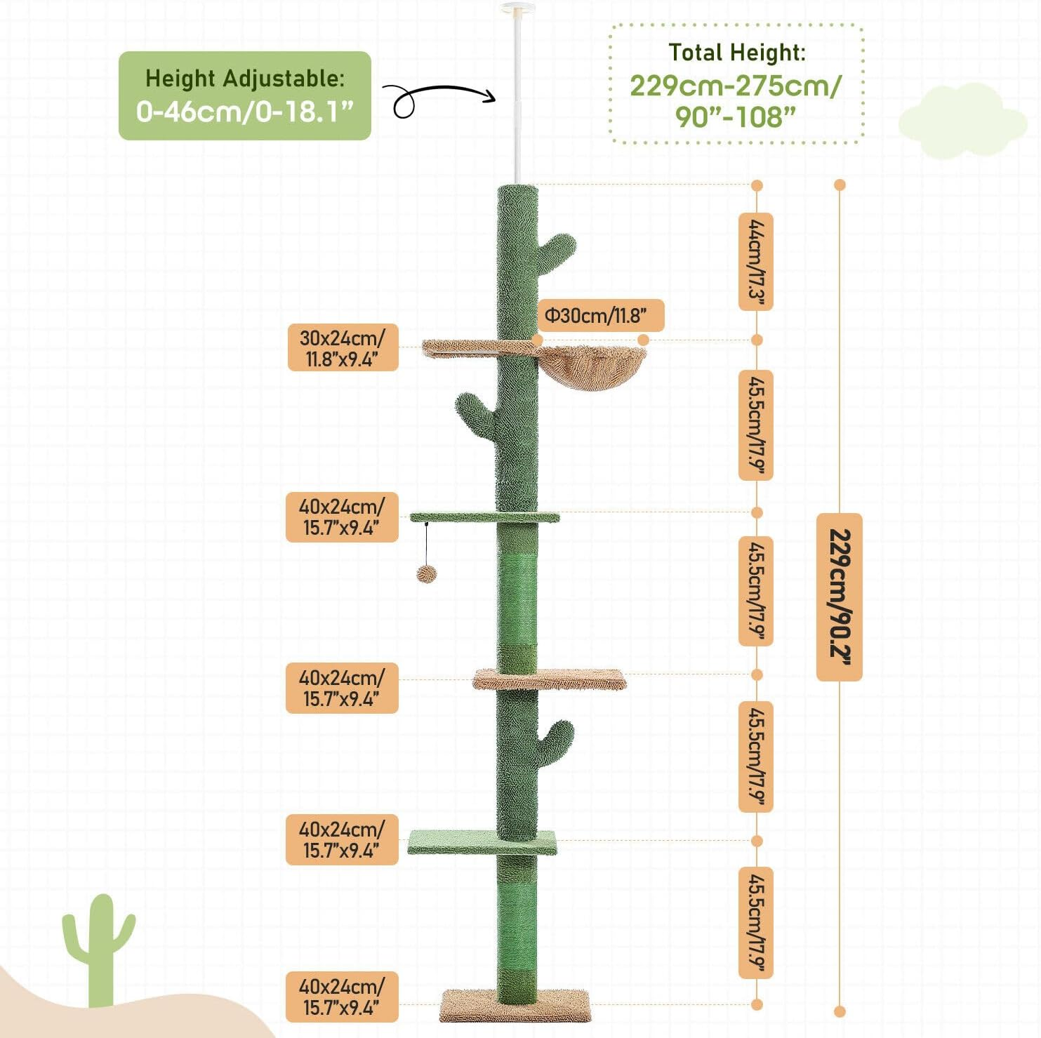 PAWZ Road Cactus Cat Tree Four Tier Floor-To-Ceiling Cat Climbing Tower with Cozy Hammock, Cat Activity Center 9 Feet
