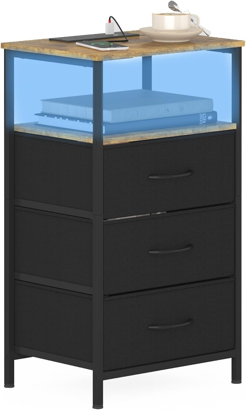Ufurniture Nightstand with LED Light and Charging Station, Industrial End Table with 3 Fabric Drawers and Open Shelf, Bedside Table for Bedroom Living Room, Brown Top+Black Drawer image number 5