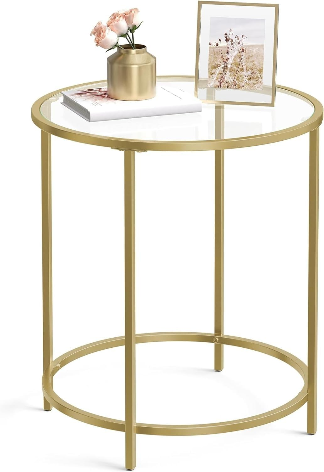 Vasagle round Side Table, Tempered Glass End Table with Golden Metal Frame, Small Coffee Table, Bedside Table, Living Room, Balcony, Robust and Stable, Decorative, Gold image number 4