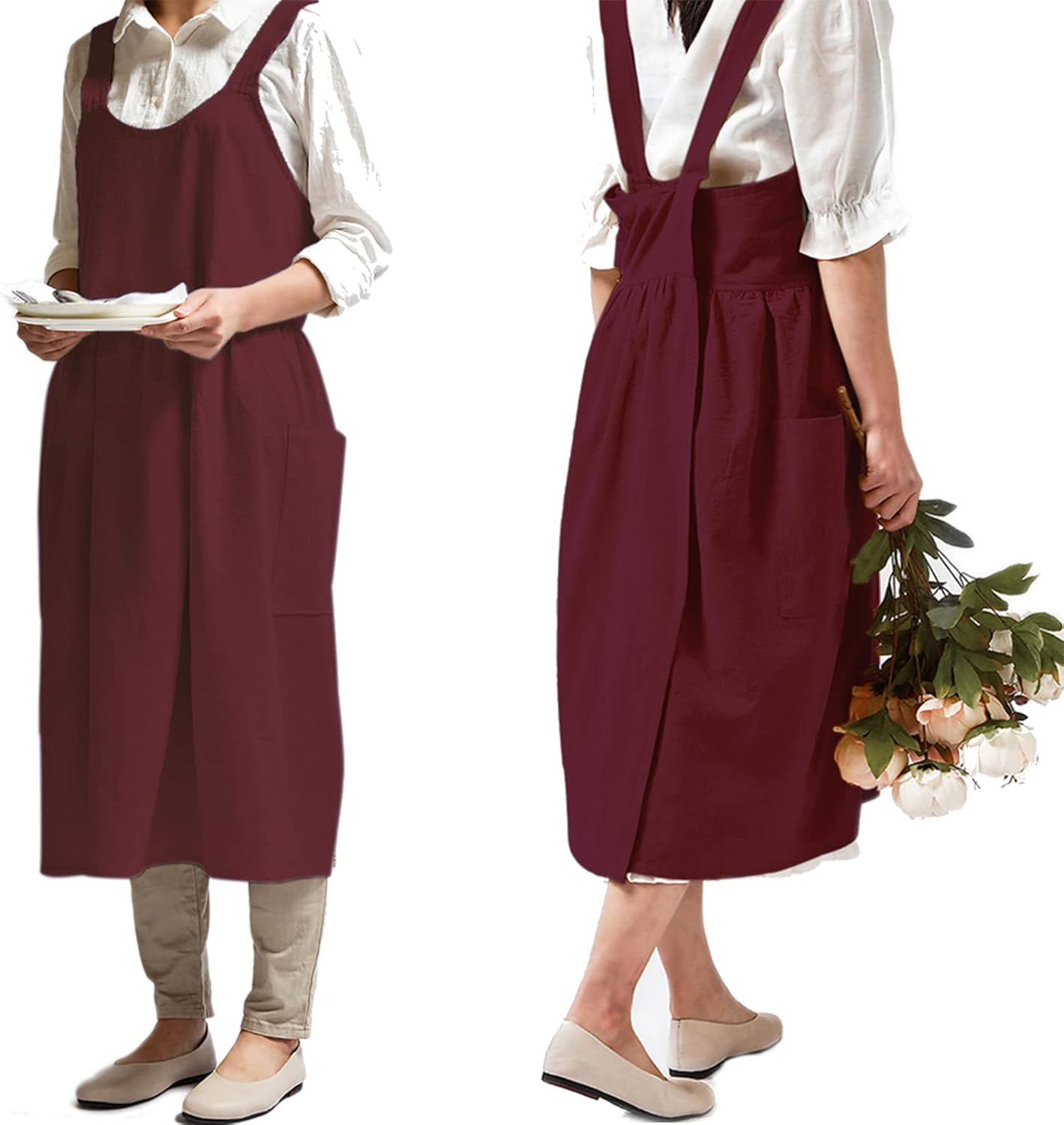 NEWGEM Cotton Linen Cross Back Apron for Women with Pockets Cute Japanese Korean Style Pinafore Dress Purplish Red, 1 Magenta Apron without Waist Ties, One Size image number 2