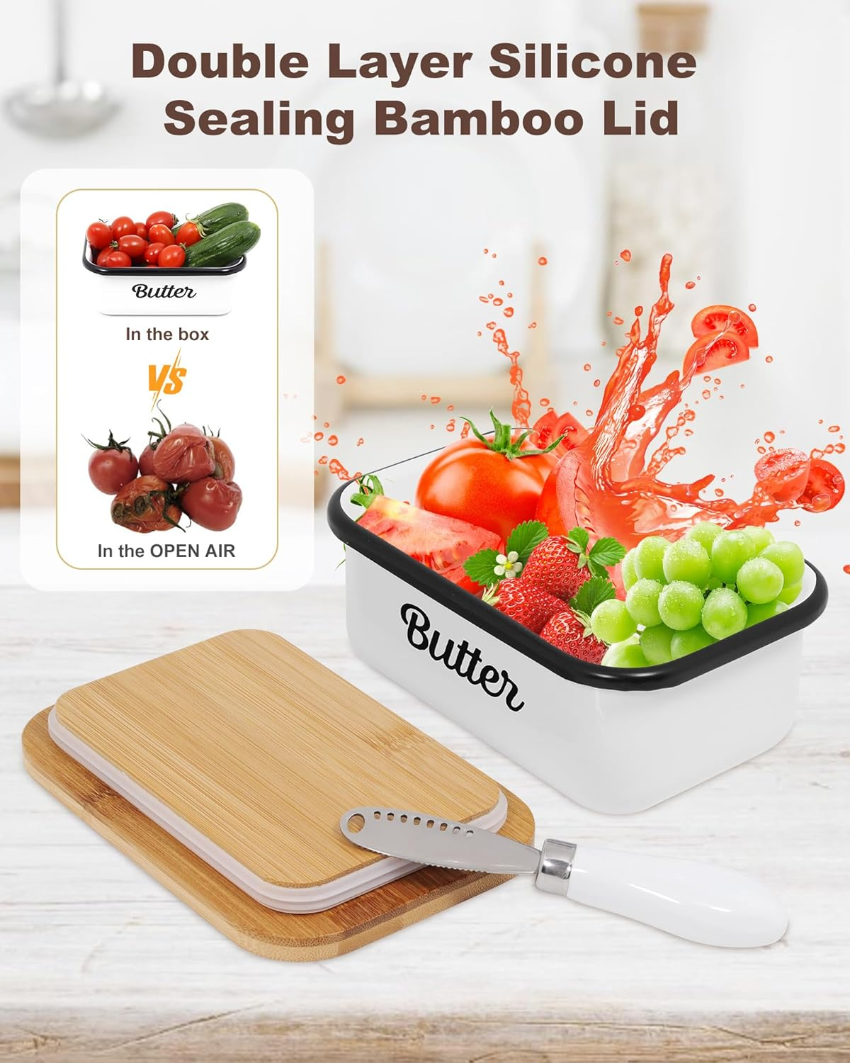 Butter Dish with Lid for Countertop, AISBUGUR Metal Butter Keeper, Includes Stainless Steel Multipurpose Butter Knife, Large Silicone-Enhanced Butter Container, Perfect Kitchen Gift - White image number 3