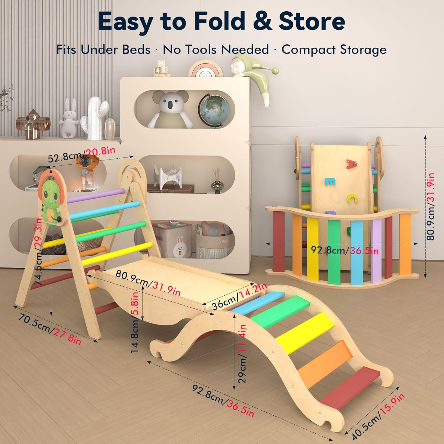 Dinosaur Theme Pikler Triangle Set &ndash; 10 in 1 Montessori Toddler Climbing Toys Indoor Playground with Foldable Wooden Climber with Slide, Rocking Arch, Play Tunnel, Bridge, Table, Indoor Jungle Gym image number 2