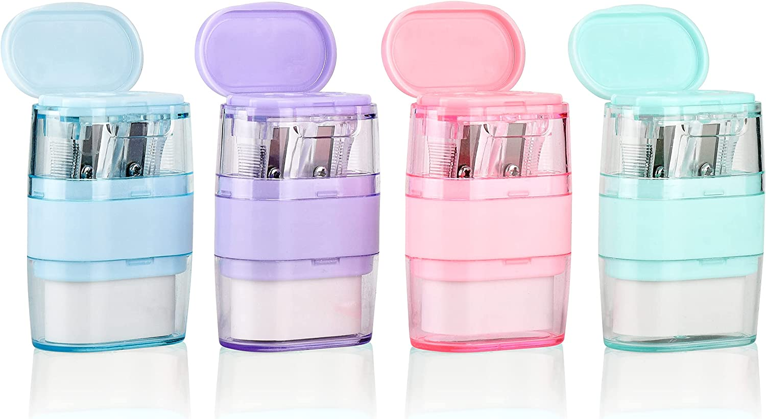 4 PCS Manual Pencil Sharpener with Eraser, Double Hole Multicolored Sharpener with Eraser Fun Stationery Back to School Supplies, Classroom Rewards, and Birthday Party Favors
