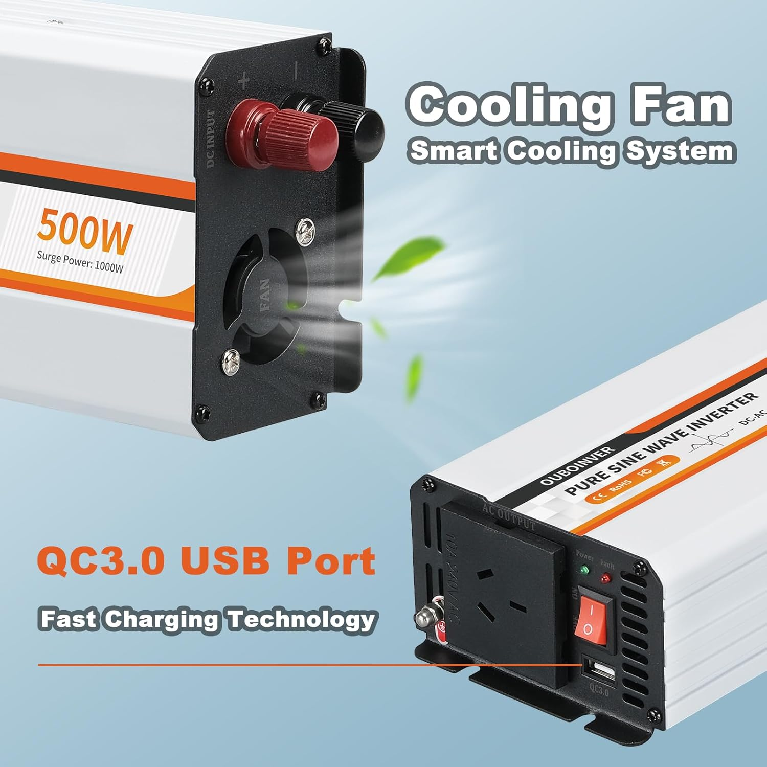 500W Power Inverter, DC 12V to 240V AC Converter for Vehicles Car, Pure Sine Wave Adapter with AC Outlets USB Port Car Charger for Laptop Smartphone Small Power Tool image number 6