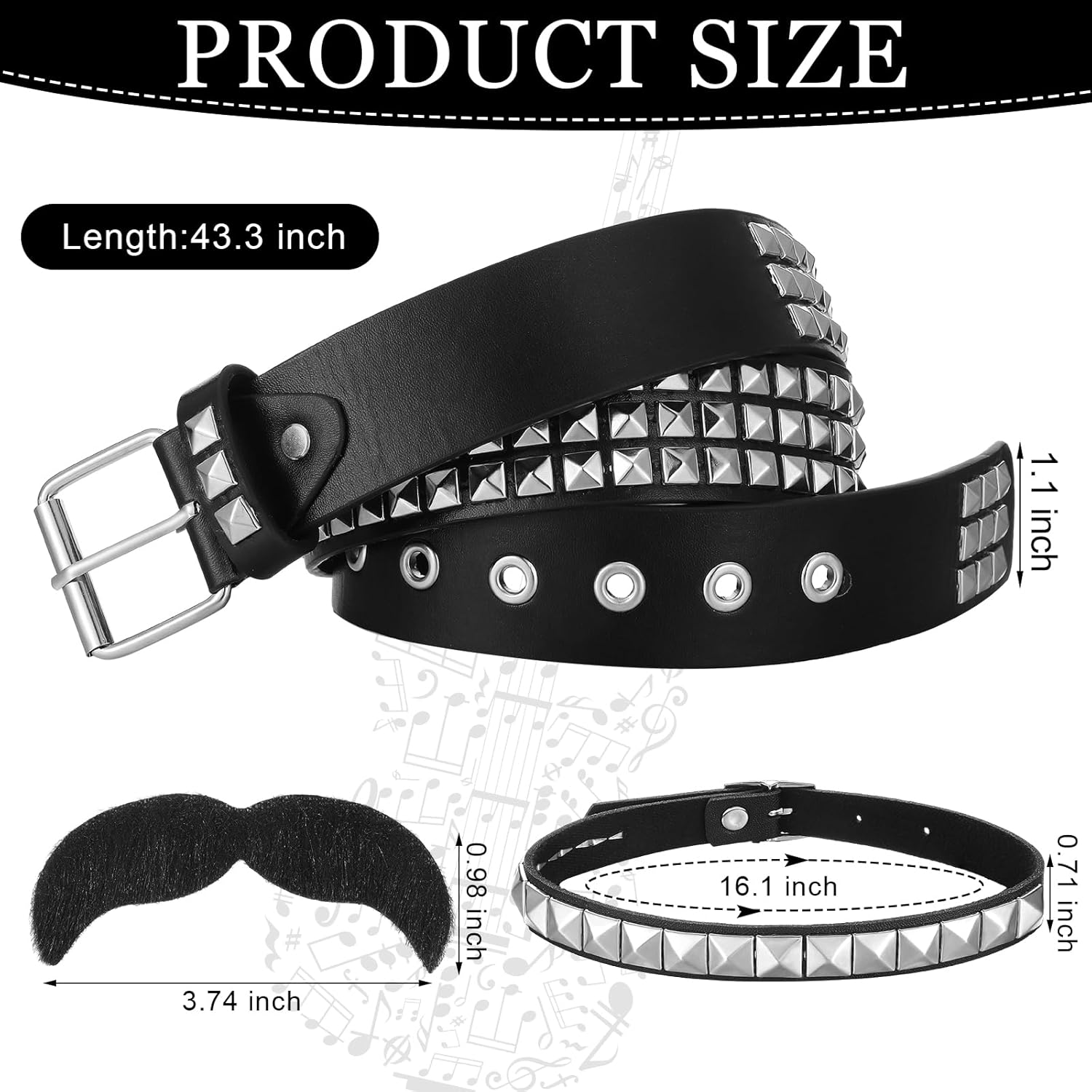 Rock Band Costumes Accessories Halloween Rocker Costume Studded Belt and Armband Self Adhesive Mustache 70S 80S 90S Metal Punk Rock Party Cosplay Gothic Rocker Accessory for Women Men, Black