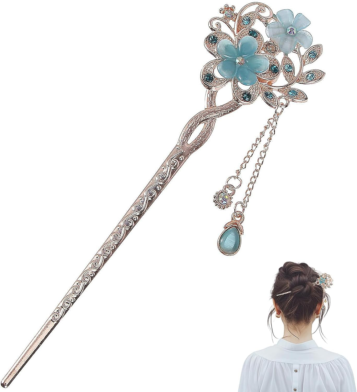 Vintage Hair Stick Opal Hair Sticks Hair Chinese Hair Pins Old Hair Clip (Blue) 1 Piece (Pack of 1) image number 1