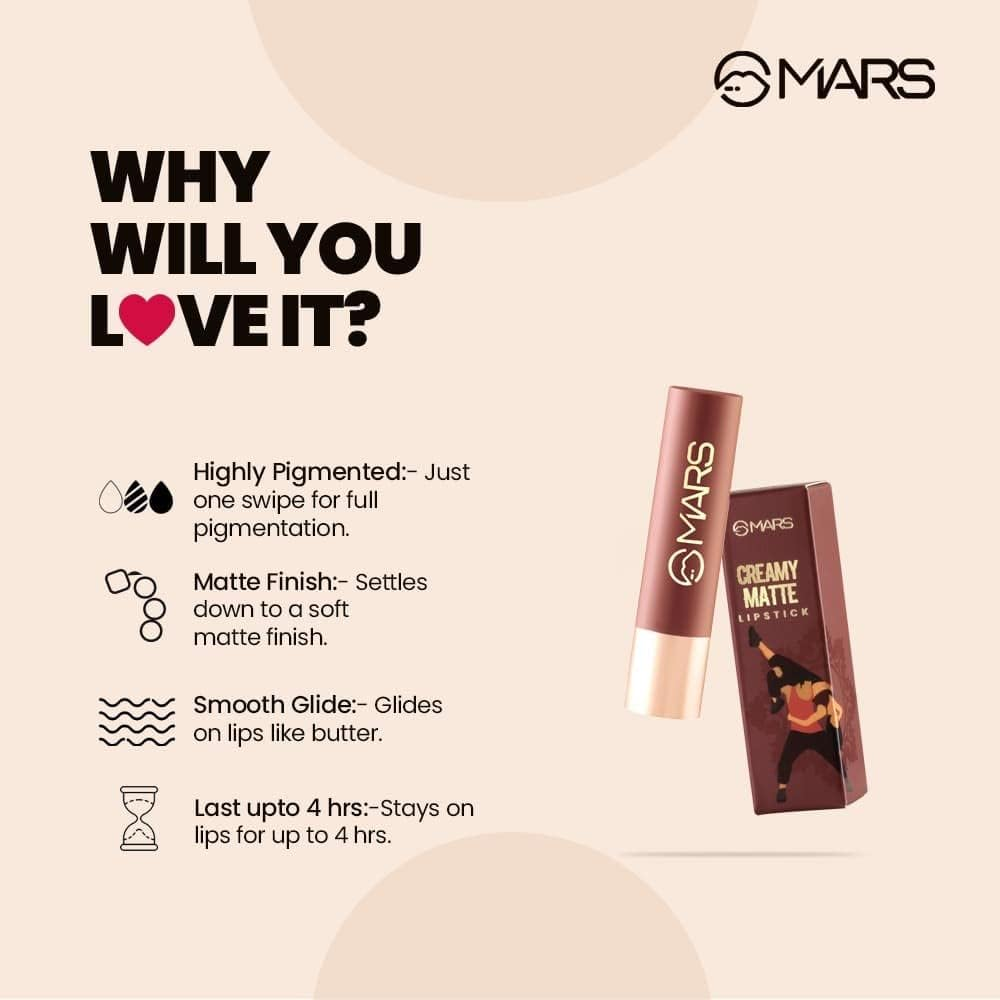 MARS Creamy Matte Long Lasting Lipstick for Women | Creamy Lipstick | Single Swipe Application | Smooth & Light Weight (3.2 Gm) (02-Zesty Zumba) image number 2