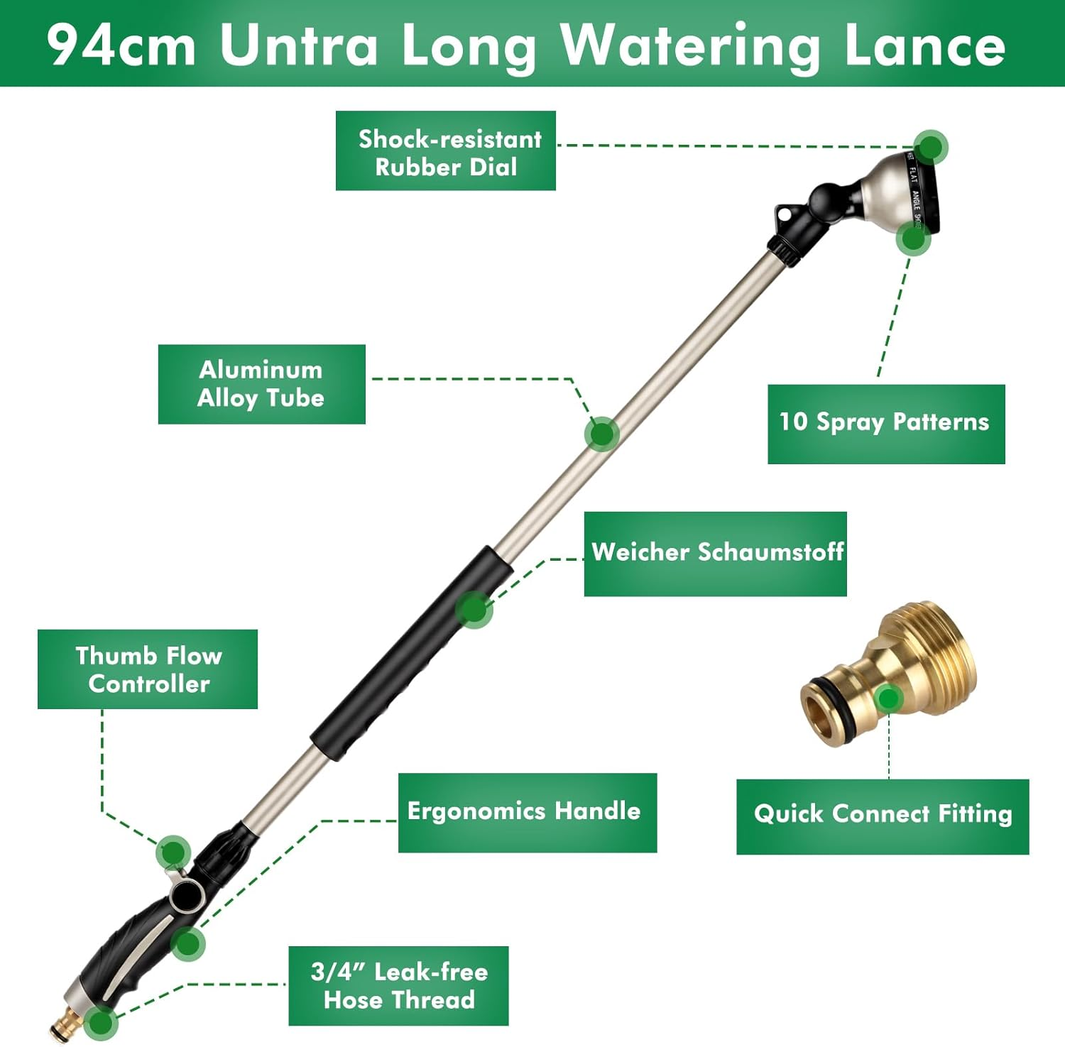 RESTMO Watering Wand Heavy Duty, 92Cm Metal Spray Lance | 180&deg; Adjustable Ratcheting Head | 10 Spray Patterns Hose Wand, Perfect Garden Long Sprayer Gun to Water Hanging Baskets, Shrubs image number 2