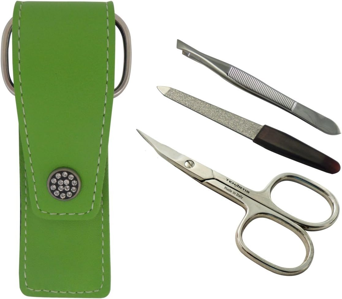 3-Piece Manicure Set with Nail Scissors, File & Tweezers in Genuine Leather Pouch - Made in Italy (Black)