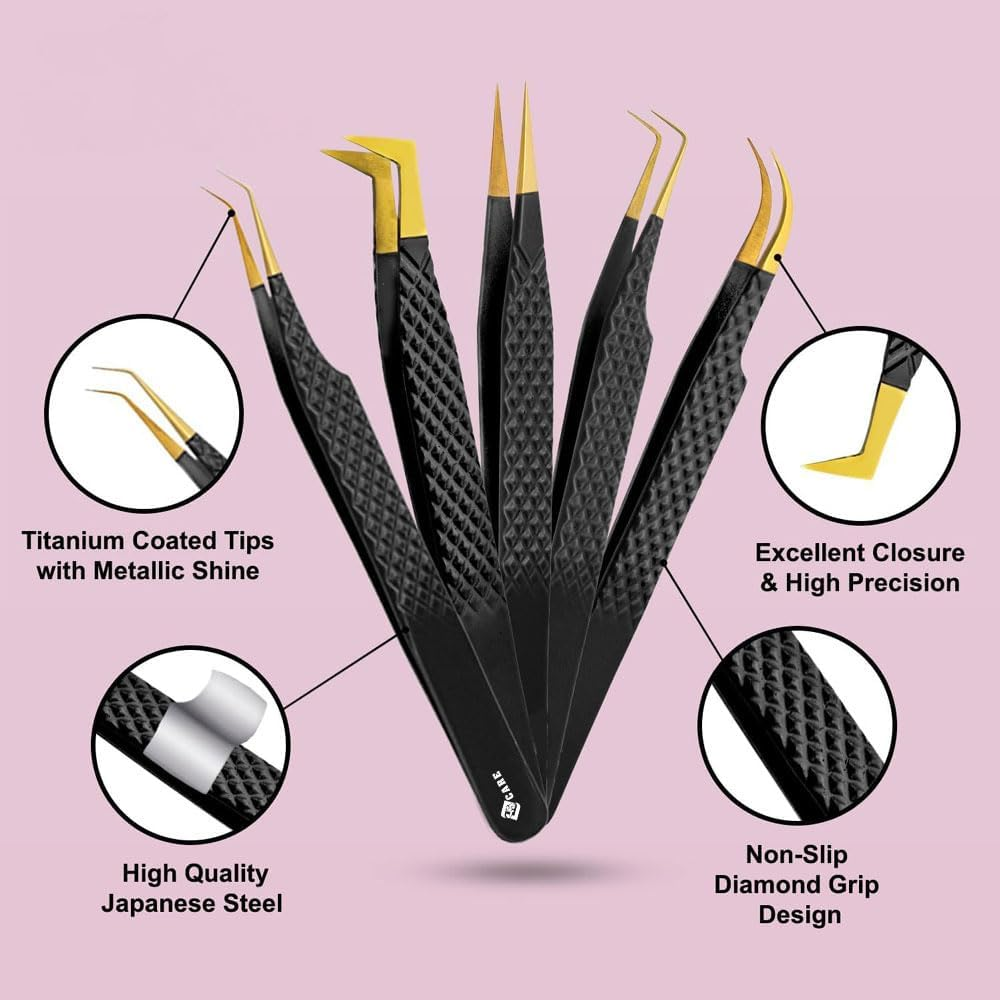 YSACRE Eyelash Extension Tweezers Set of 5 Japanese Stainless Steel Diamond Grip Lash Tweezers for Straight Curve 45 Degree 90 Degree Lash Volume Women (Pink) (Black/Gold) - Black/Gold image number 6