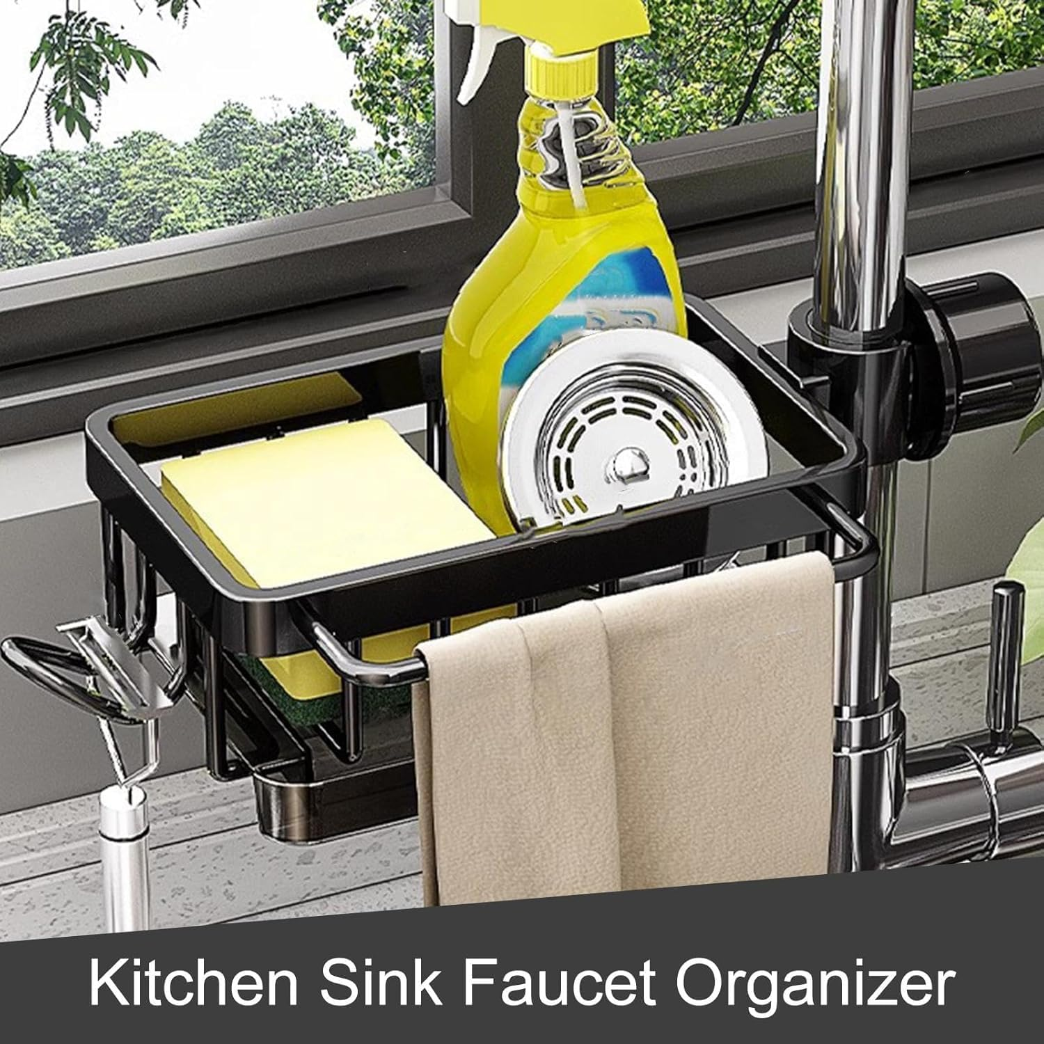 Space-Saving Adjustable over Faucet Organizer,Kitchen Sink Caddy Holder for Storage Dish Sponge,Towel,Fits 1.8-2.8Cm round Water Pipes (Secure Grip & No Drilling) image number 2