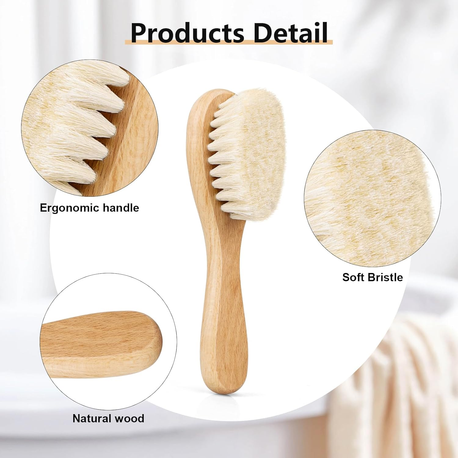 Baby Hair Brush, Goat Bristles Brush and Baby Cradle Cap Brush Set for Cradle Cap Wood Bristle Brush for Newborns and Toddlers (2 Piece) image number 1