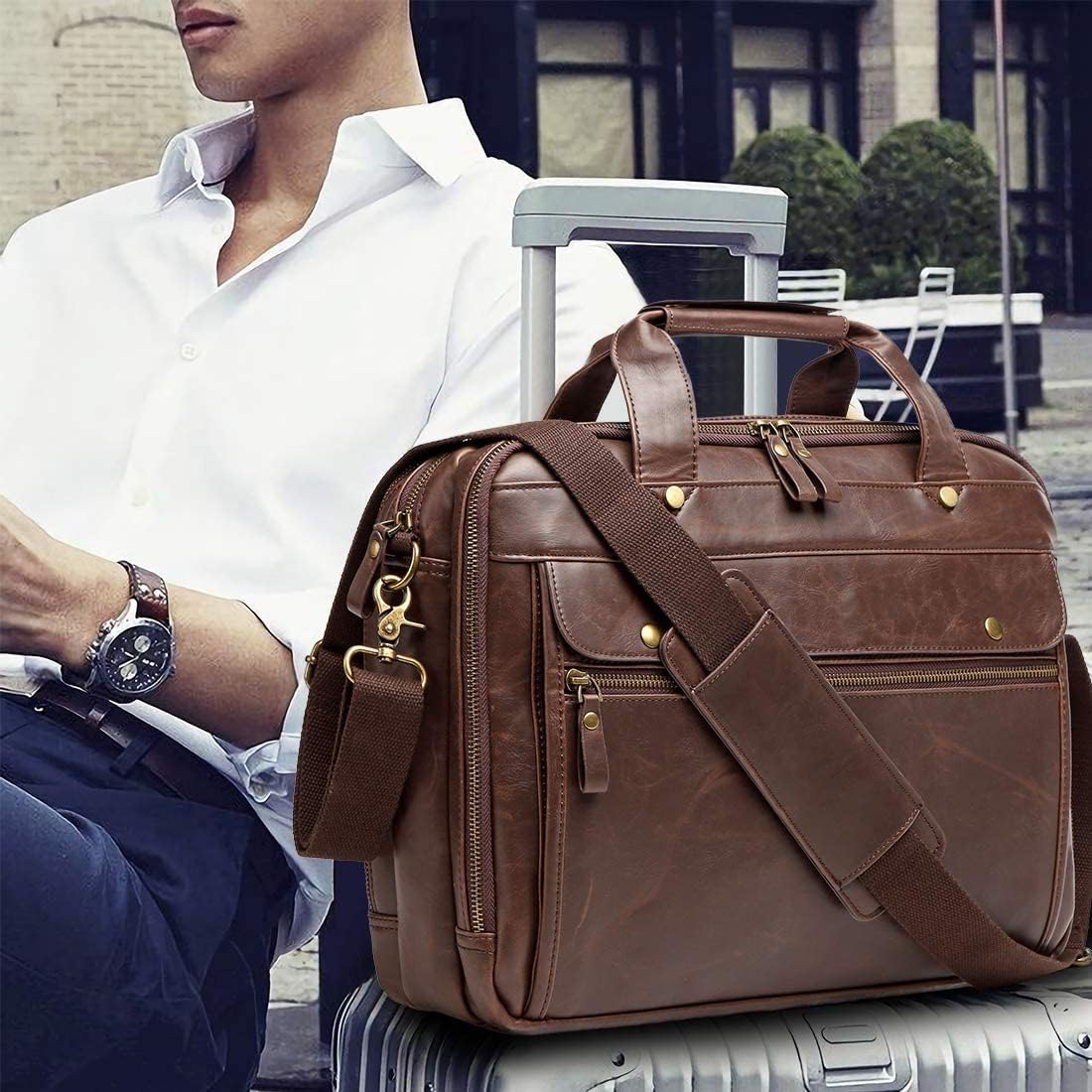 15.6 Inch PU Leather Briefcase for Men Laptop Bag Waterproof Retro Business Travel Messenger Bag Perfect for Daily/Christmas, Brown, X-Large, Retro image number 5
