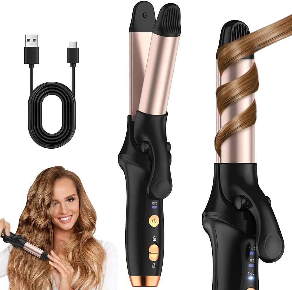 HCRTGAY Curling Iron,Cordless Rechargeable Curling Iron,Cordless Hair Curler(3 Gear),Travel Mini Straightener 4000Mah,Usb Charge Battery Flat Iron and Curler 2 in 1 for Long Short Hair(Small & Black) image number 2