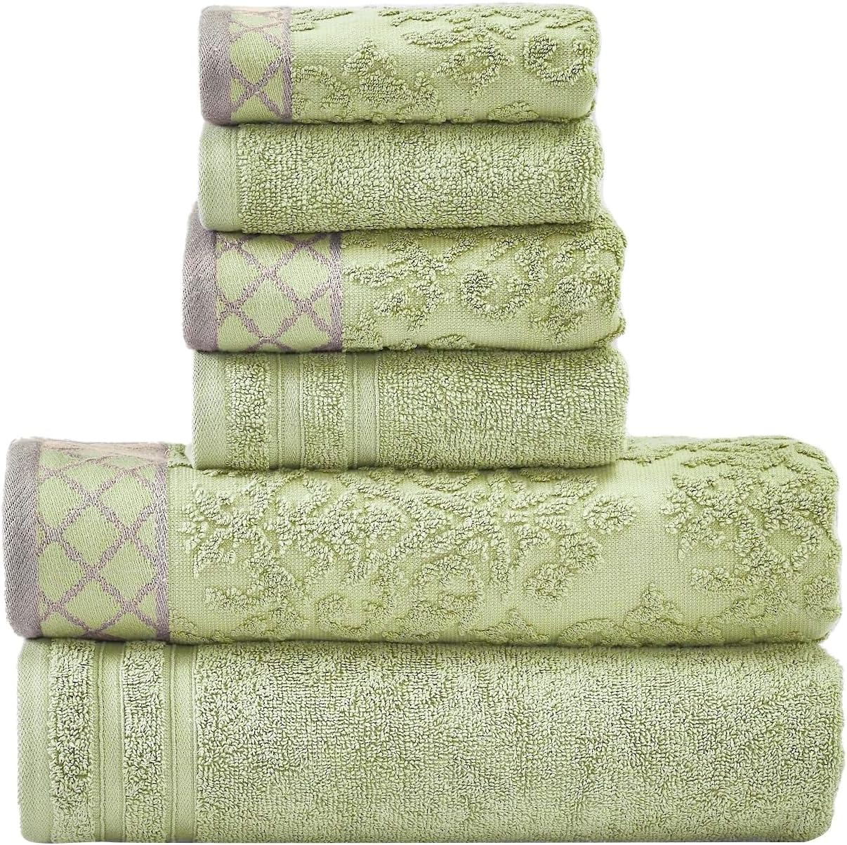 Modern Threads 6-Piece Damask Jacquard/Solid Ultra Soft 550GSM 100% Combed Cotton Towel Set with Embellished Borders [Sage] - Ivory image number 3