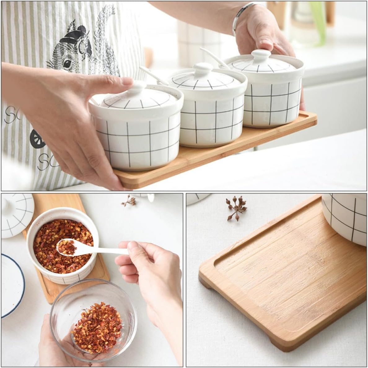 Happyyami Ceramic Salt Jar Spice Storage Jars Condiment Box Set with 3 Spoons Bamboo Lid Kitchen Seasoning Canisters for Home Cooking and Dining image number 2