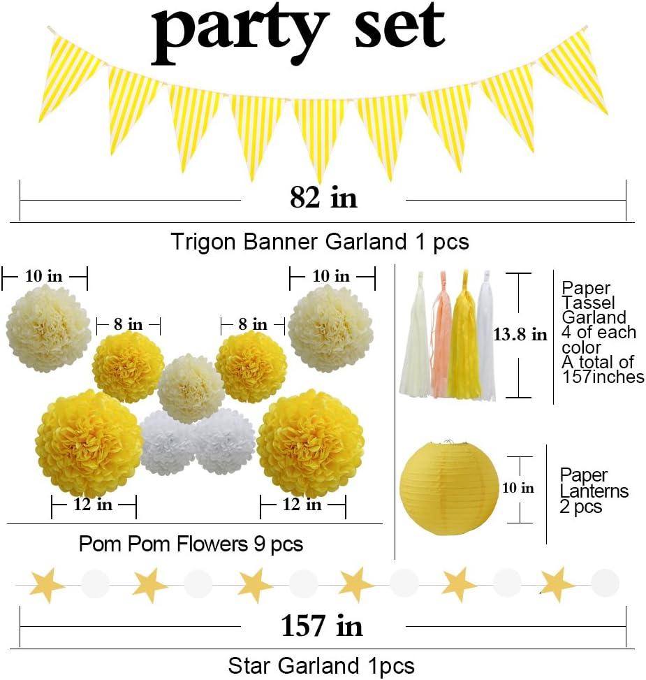 (Yellow) - 33Pcs Party Decoration Supplies Set, Yellow Tissue Paper Pom Poms Flowers Paper Lanterns Tassels Hanging Garland Banner Triangle Flag Bunting for Birthday, Bridal, Baby Shower, Wedding Graduation