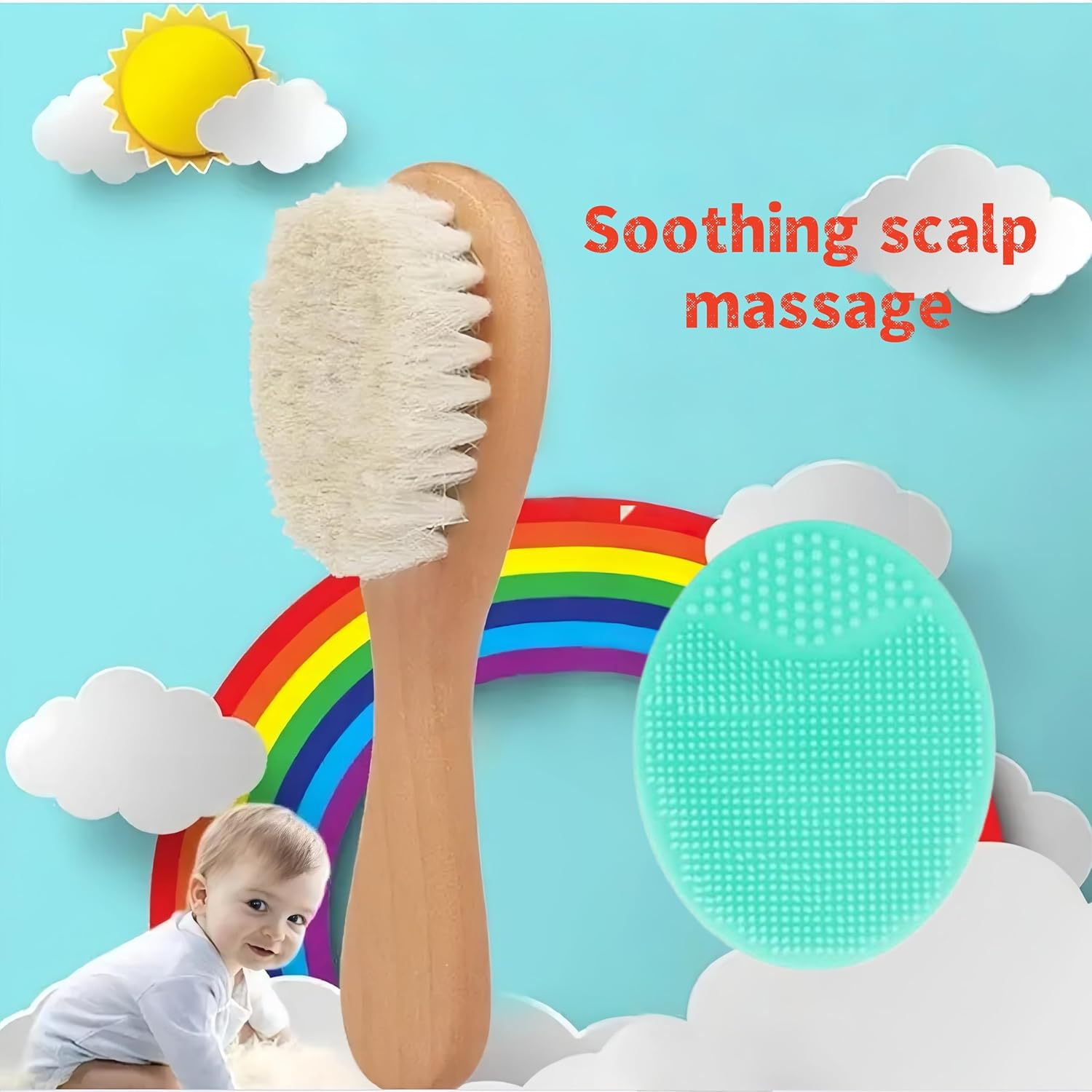 Goat Bristles Brush and ，Hair Brush with Extremely Soft Bristles Silicone Brush Set for Cradle Cap Wood Cradle Cap Brush for Boys & Girls 2 Pcs image number 3