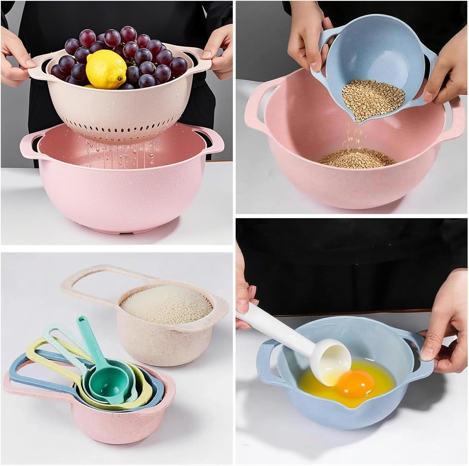 Menbyci 10Pcs Plastic Mixing Bowls Set with Measuring Spoon, Colorful Serving Bowls for Kitchen, Multi-Purpose Nesting Bowl with Handle, Colander and Fine Mesh Sifter, for Baking, Prepping and Cooking image number 6